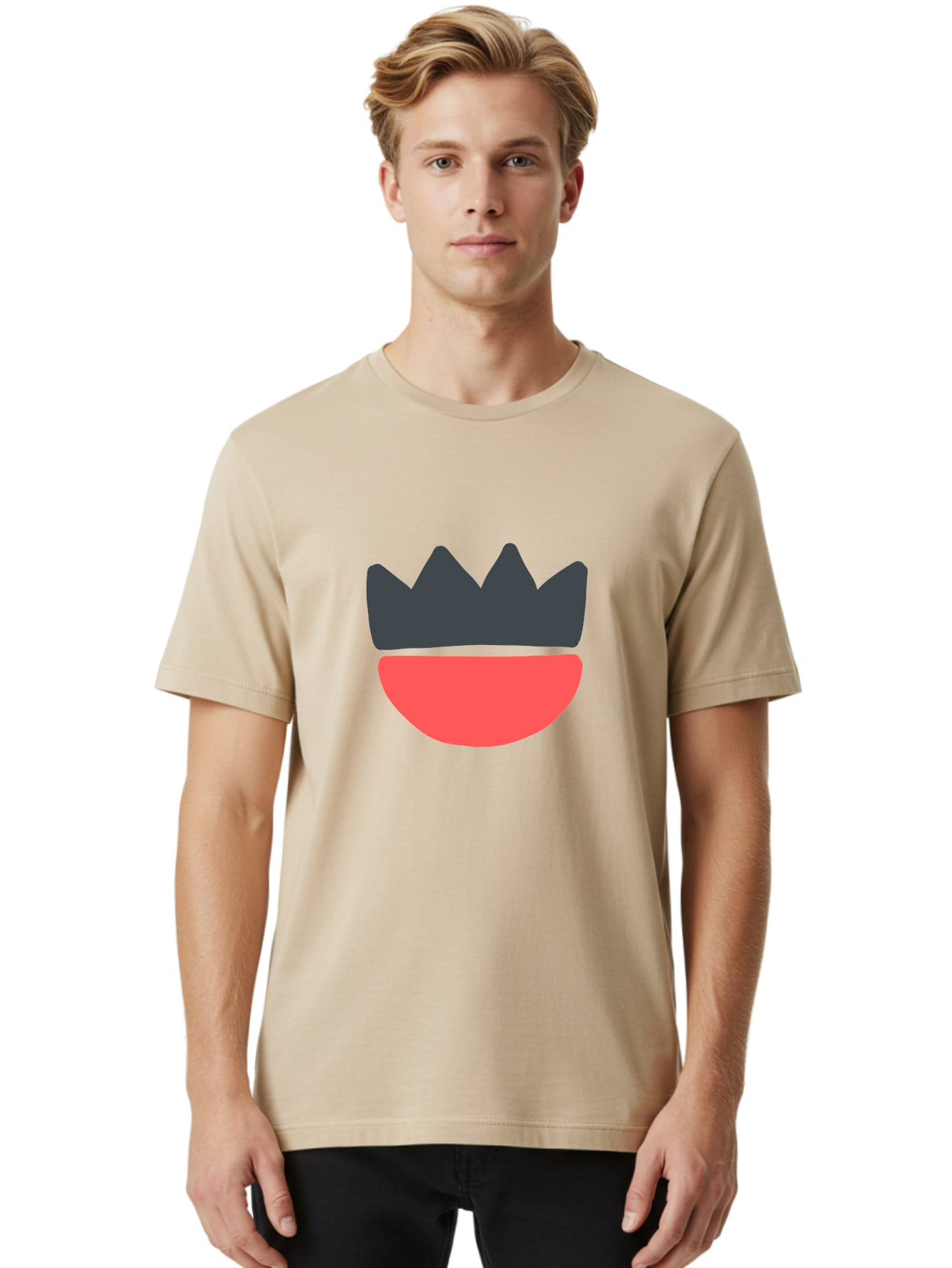 Crown-And-Smile Men'S Graphic Tee, 100% Cotton, Comfortable Casual Summer Wear, Machine Washable, Simple Crown Design, Red Smile, Minimalist Illustration, Monarch Symbol, Royal Emblem, Happy Face, Graphic Icon Aab682