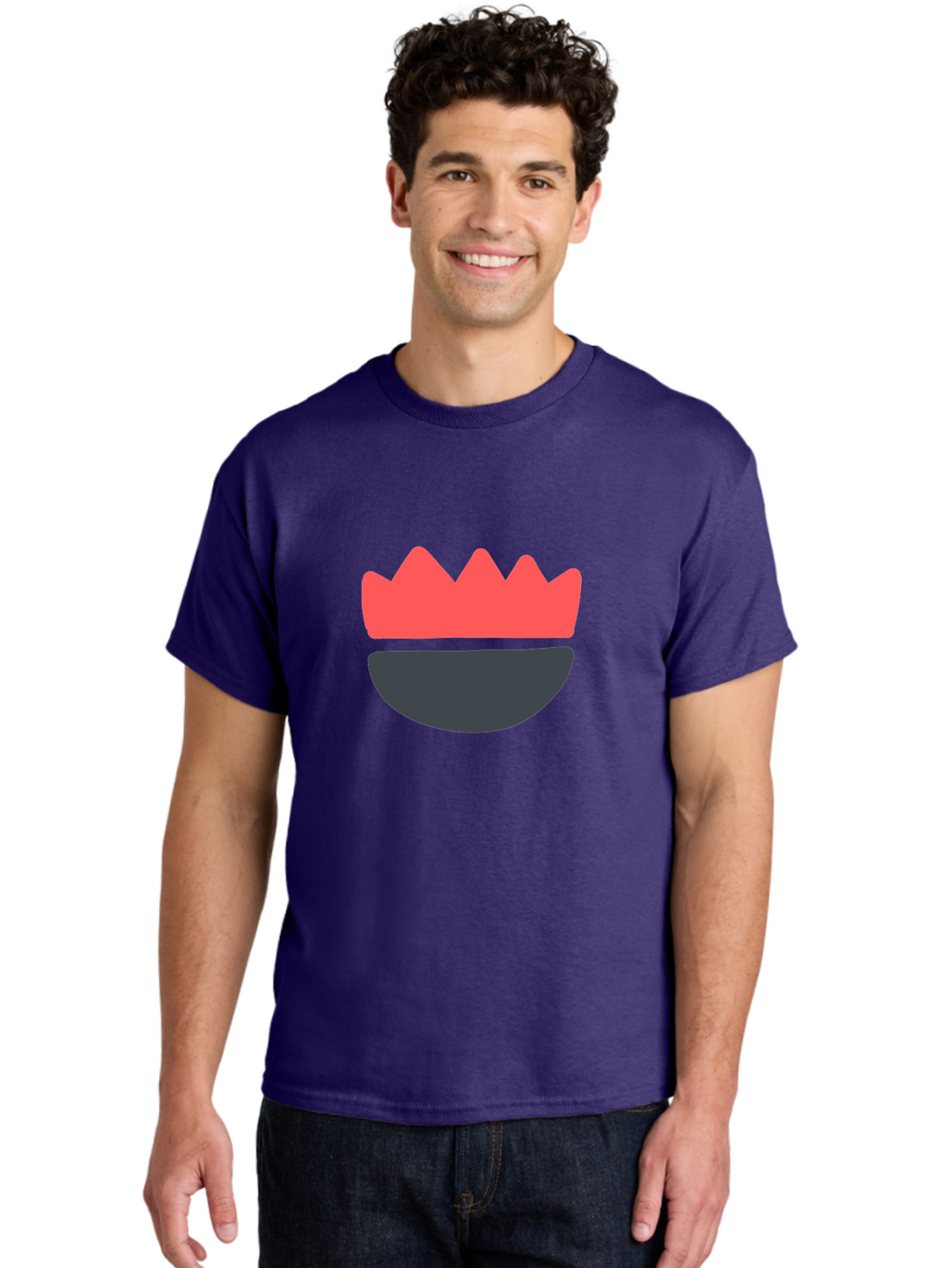 Crown-Smiley Men'S Graphic Tee, 100% Cotton, Comfortable Casual Summer Wear, Machine Washable, Coral Crown, Dark Grey Bowl, Minimalist Design, Simple Shapes, Modern Aesthetic, Bold Colors Aab684