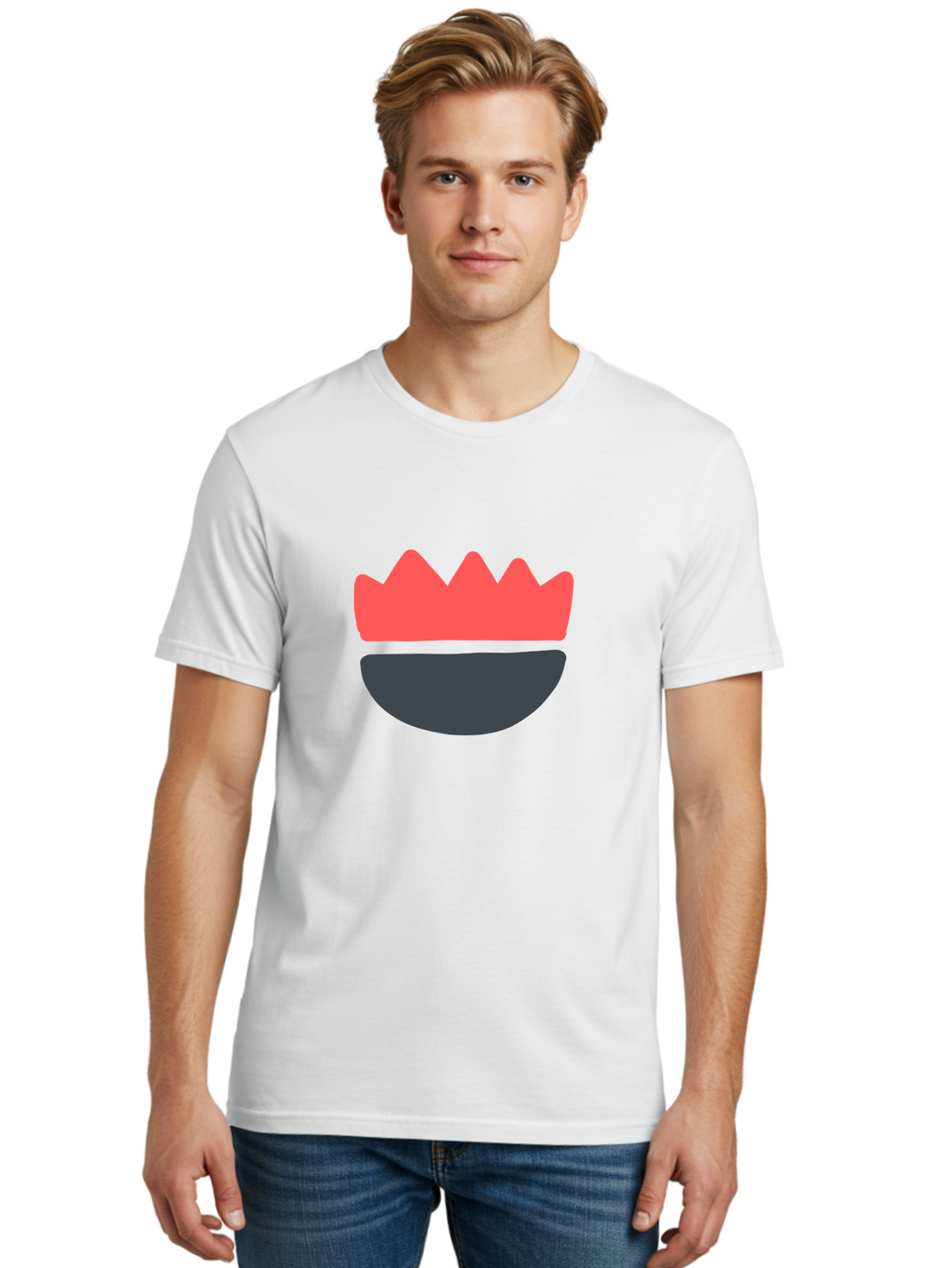 Crown-Smiley Men'S Graphic Tee, 100% Cotton, Comfortable Casual Summer Wear, Machine Washable, Coral Crown, Dark Grey Bowl, Minimalist Design, Simple Shapes, Modern Aesthetic, Bold Colors Aab684