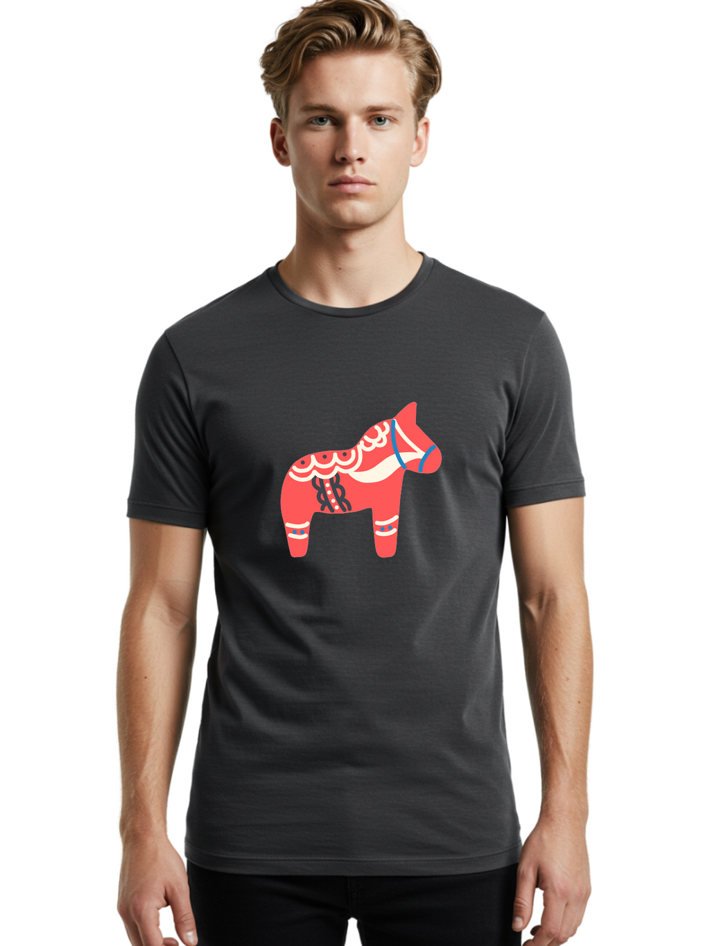Dala-Horse-1 Men'S Graphic Tee, 100% Cotton, Comfortable Casual Summer Wear, Machine Washable, Traditional Swedish Dala Horse, Red Horse, White And Blue Accents, Folk Art Design, Cultural Heritage, Scandinavian Symbol, Wooden Horse, Aab686
