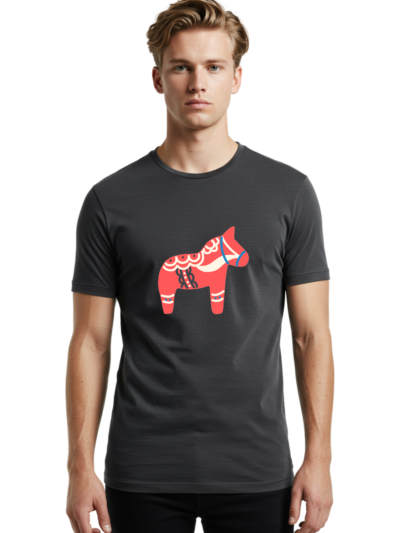 Dala-Horse-1 Men'S Graphic Tee, 100% Cotton, Comfortable Casual Summer Wear, Machine Washable, Traditional Swedish Dala Horse, Red Horse, White And Blue Accents, Folk Art Design, Cultural Heritage, Scandinavian Symbol, Wooden Horse, Aab686