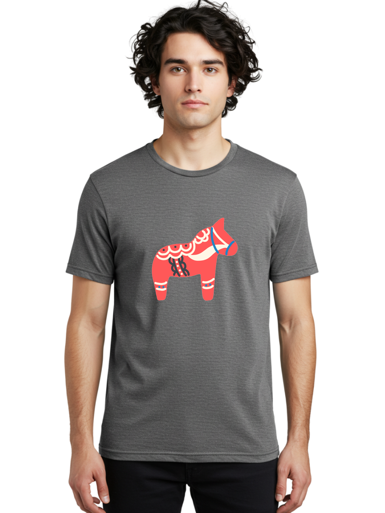 Dala-Horse-1 Men'S Graphic Tee, 100% Cotton, Comfortable Casual Summer Wear, Machine Washable, Traditional Swedish Dala Horse, Red Horse, White And Blue Accents, Folk Art Design, Cultural Heritage, Scandinavian Symbol, Wooden Horse, Aab686