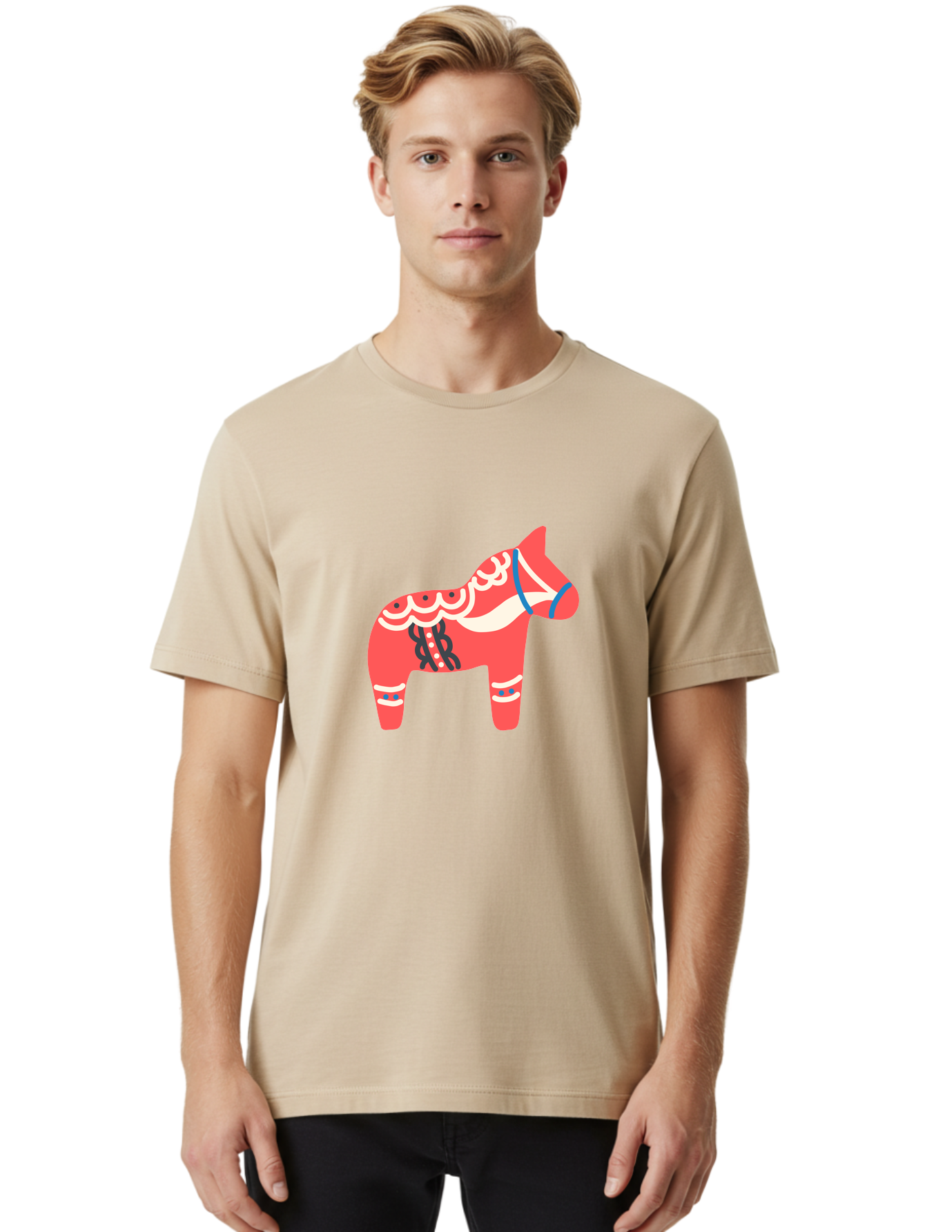 Dala-Horse-1 Men'S Graphic Tee, 100% Cotton, Comfortable Casual Summer Wear, Machine Washable, Traditional Swedish Dala Horse, Red Horse, White And Blue Accents, Folk Art Design, Cultural Heritage, Scandinavian Symbol, Wooden Horse, Aab686