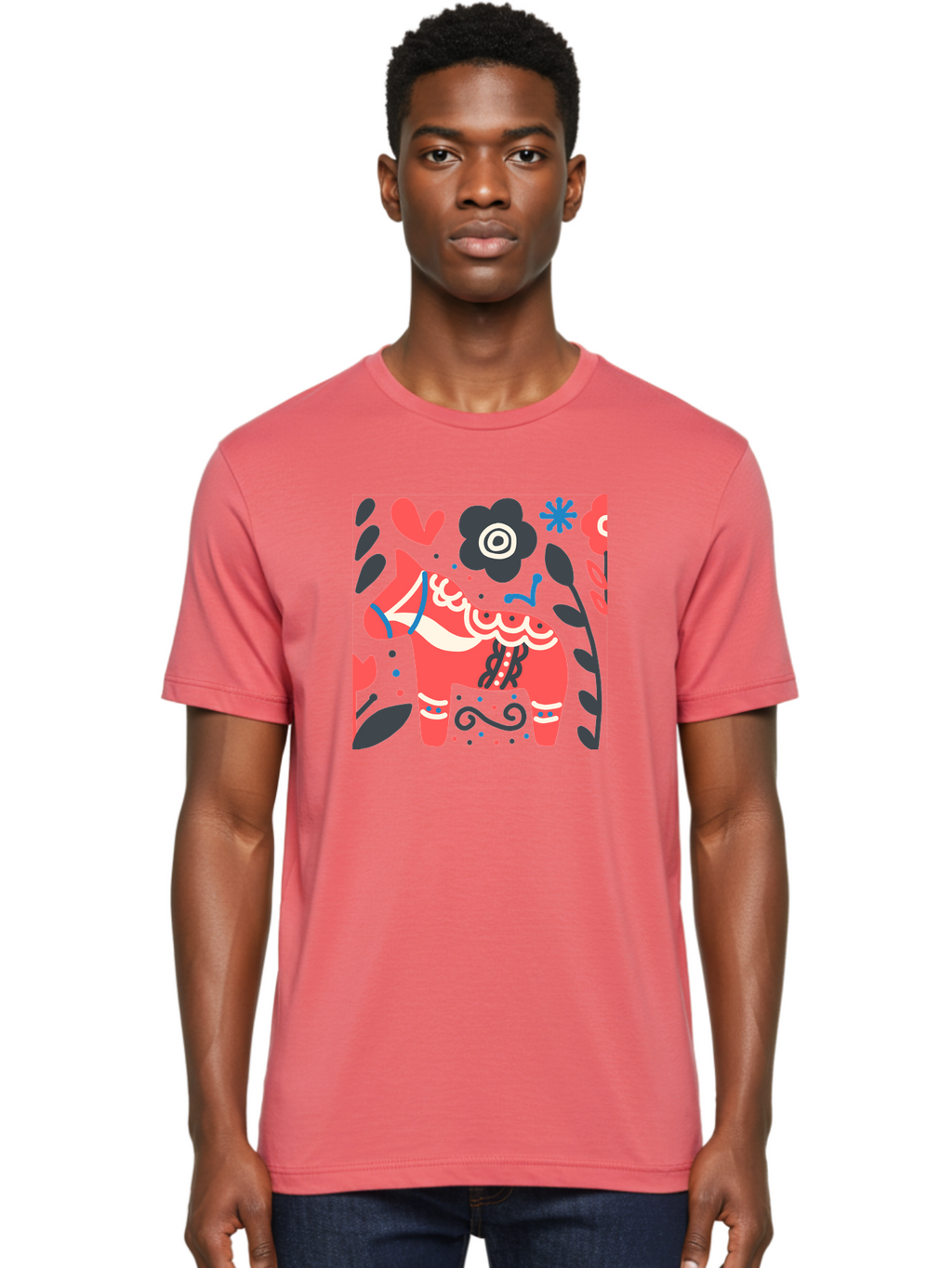 Dala-Horse Men'S Graphic Tee, 100% Cotton, Comfortable Casual Summer Wear, Machine Washable, Traditional Swedish Dala Horse, Folk Art, Floral Patterns, Vibrant Red, Whimsical Design, Decorative Elements, Festive Atmosphere, Cultural Heritage, Aab687