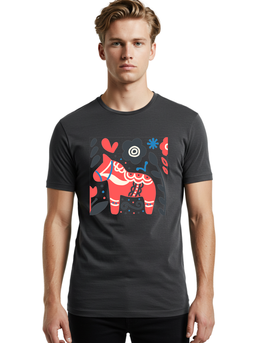 Dala-Horse Men'S Graphic Tee, 100% Cotton, Comfortable Casual Summer Wear, Machine Washable, Traditional Swedish Dala Horse, Folk Art, Floral Patterns, Vibrant Red, Whimsical Design, Decorative Elements, Festive Atmosphere, Cultural Heritage, Aab687