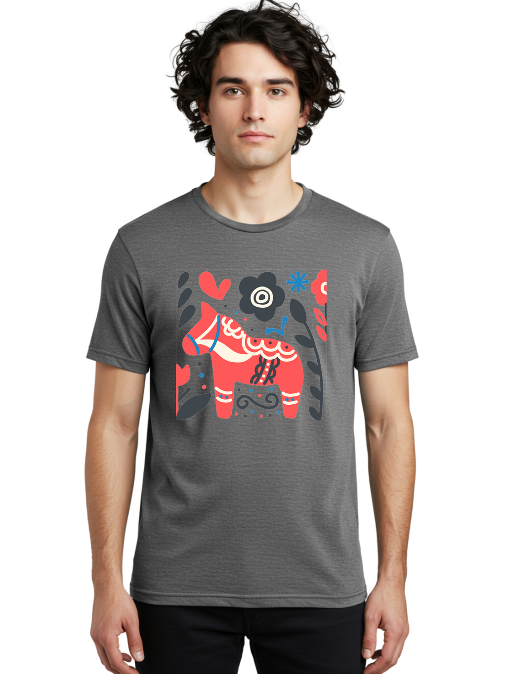 Dala-Horse Men'S Graphic Tee, 100% Cotton, Comfortable Casual Summer Wear, Machine Washable, Traditional Swedish Dala Horse, Folk Art, Floral Patterns, Vibrant Red, Whimsical Design, Decorative Elements, Festive Atmosphere, Cultural Heritage, Aab687