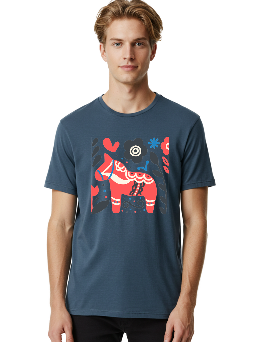 Dala-Horse Men'S Graphic Tee, 100% Cotton, Comfortable Casual Summer Wear, Machine Washable, Traditional Swedish Dala Horse, Folk Art, Floral Patterns, Vibrant Red, Whimsical Design, Decorative Elements, Festive Atmosphere, Cultural Heritage, Aab687