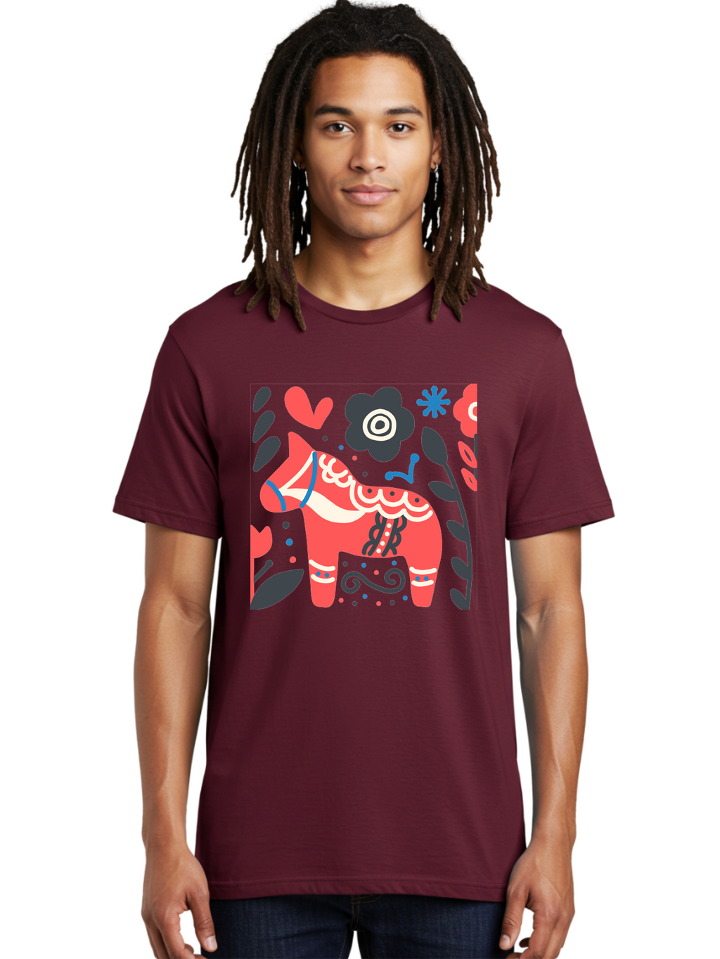 Dala-Horse Men'S Graphic Tee, 100% Cotton, Comfortable Casual Summer Wear, Machine Washable, Traditional Swedish Dala Horse, Folk Art, Floral Patterns, Vibrant Red, Whimsical Design, Decorative Elements, Festive Atmosphere, Cultural Heritage, Aab687