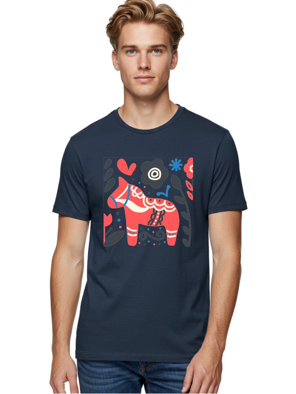 Dala-Horse Men'S Graphic Tee, 100% Cotton, Comfortable Casual Summer Wear, Machine Washable, Traditional Swedish Dala Horse, Folk Art, Floral Patterns, Vibrant Red, Whimsical Design, Decorative Elements, Festive Atmosphere, Cultural Heritage, Aab687