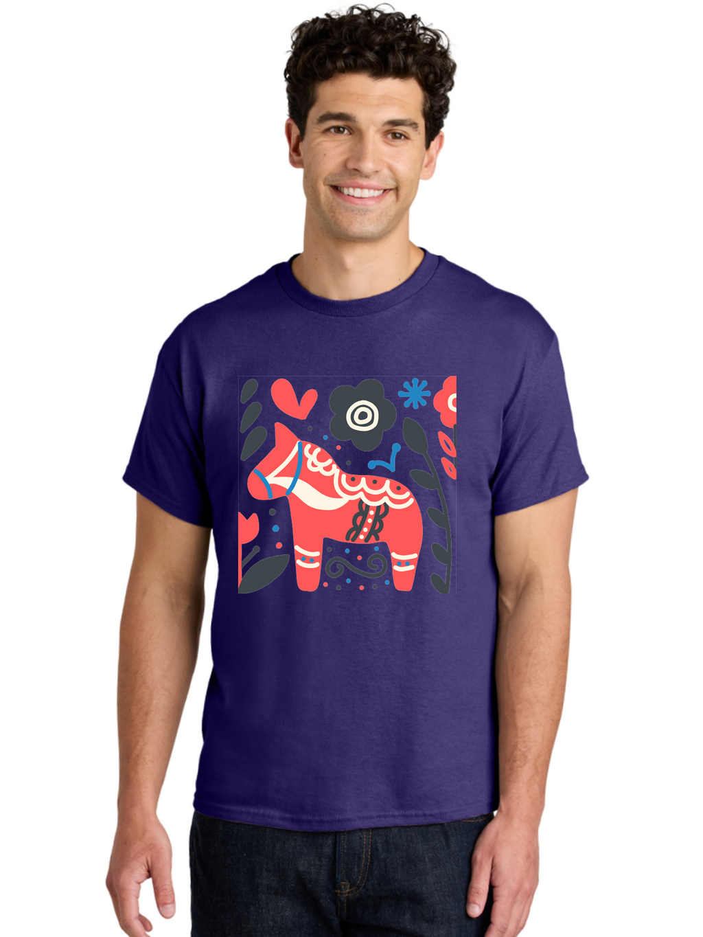Dala-Horse Men'S Graphic Tee, 100% Cotton, Comfortable Casual Summer Wear, Machine Washable, Traditional Swedish Dala Horse, Folk Art, Floral Patterns, Vibrant Red, Whimsical Design, Decorative Elements, Festive Atmosphere, Cultural Heritage, Aab687