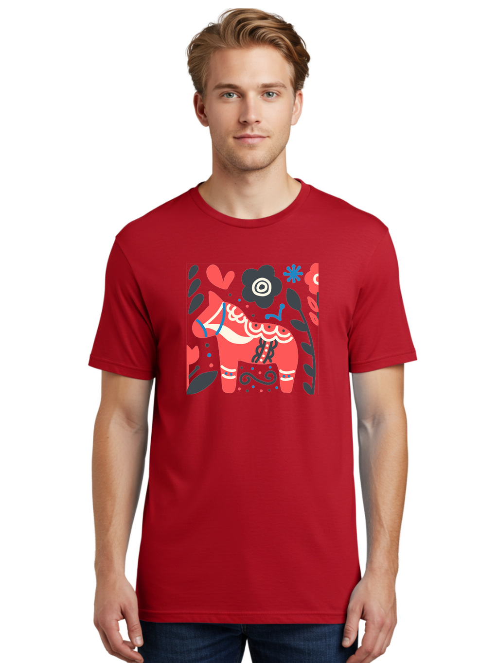 Dala-Horse Men'S Graphic Tee, 100% Cotton, Comfortable Casual Summer Wear, Machine Washable, Traditional Swedish Dala Horse, Folk Art, Floral Patterns, Vibrant Red, Whimsical Design, Decorative Elements, Festive Atmosphere, Cultural Heritage, Aab687