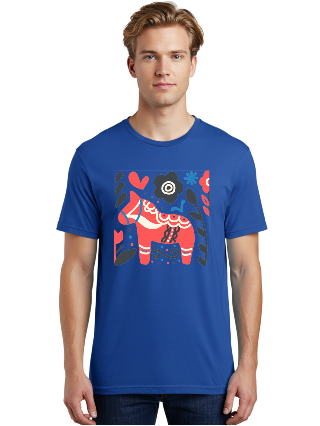 Dala-Horse Men'S Graphic Tee, 100% Cotton, Comfortable Casual Summer Wear, Machine Washable, Traditional Swedish Dala Horse, Folk Art, Floral Patterns, Vibrant Red, Whimsical Design, Decorative Elements, Festive Atmosphere, Cultural Heritage, Aab687