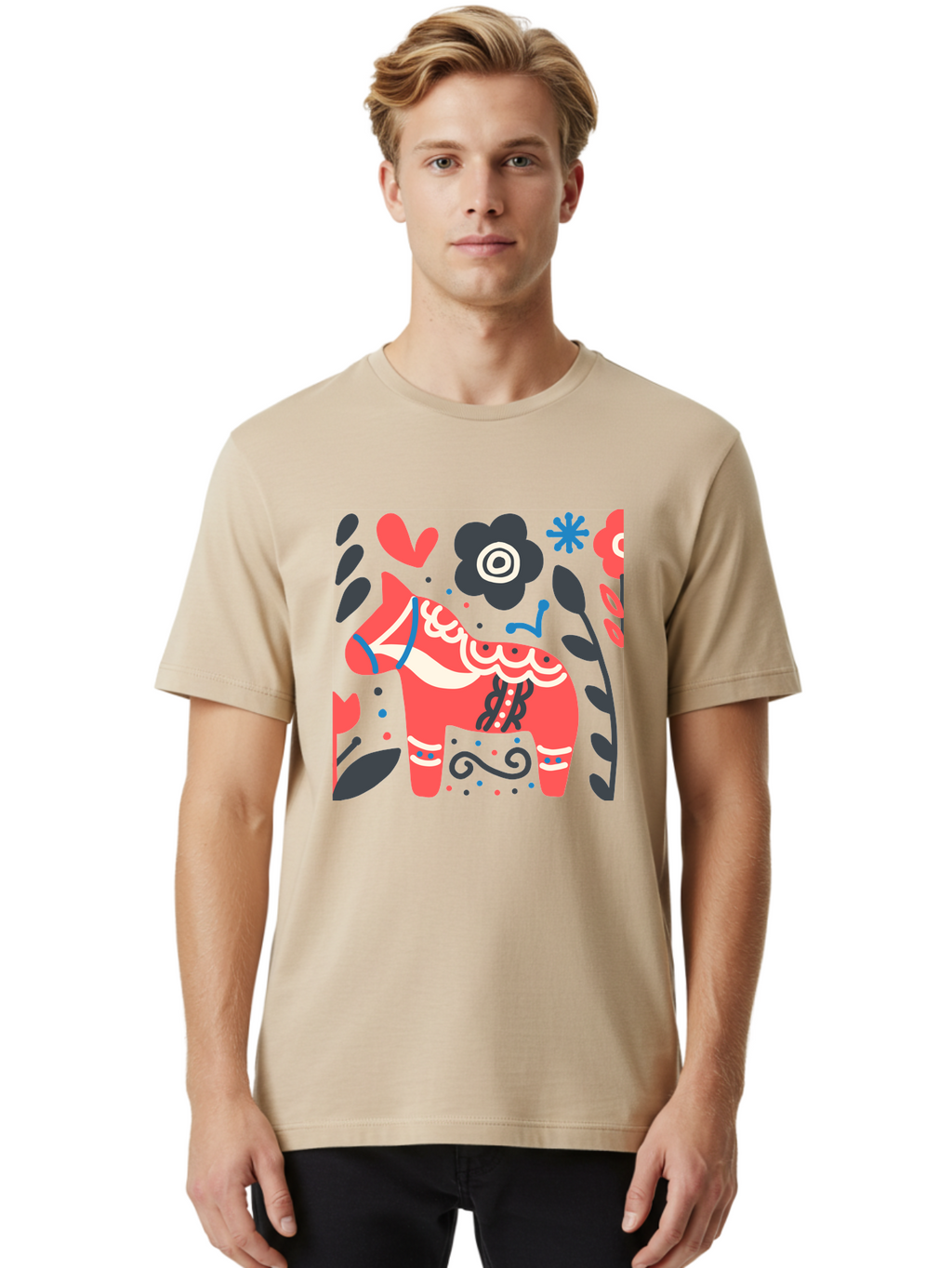 Dala-Horse Men'S Graphic Tee, 100% Cotton, Comfortable Casual Summer Wear, Machine Washable, Traditional Swedish Dala Horse, Folk Art, Floral Patterns, Vibrant Red, Whimsical Design, Decorative Elements, Festive Atmosphere, Cultural Heritage, Aab687