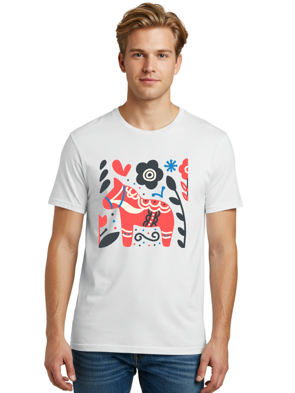 Dala-Horse Men'S Graphic Tee, 100% Cotton, Comfortable Casual Summer Wear, Machine Washable, Traditional Swedish Dala Horse, Folk Art, Floral Patterns, Vibrant Red, Whimsical Design, Decorative Elements, Festive Atmosphere, Cultural Heritage, Aab687