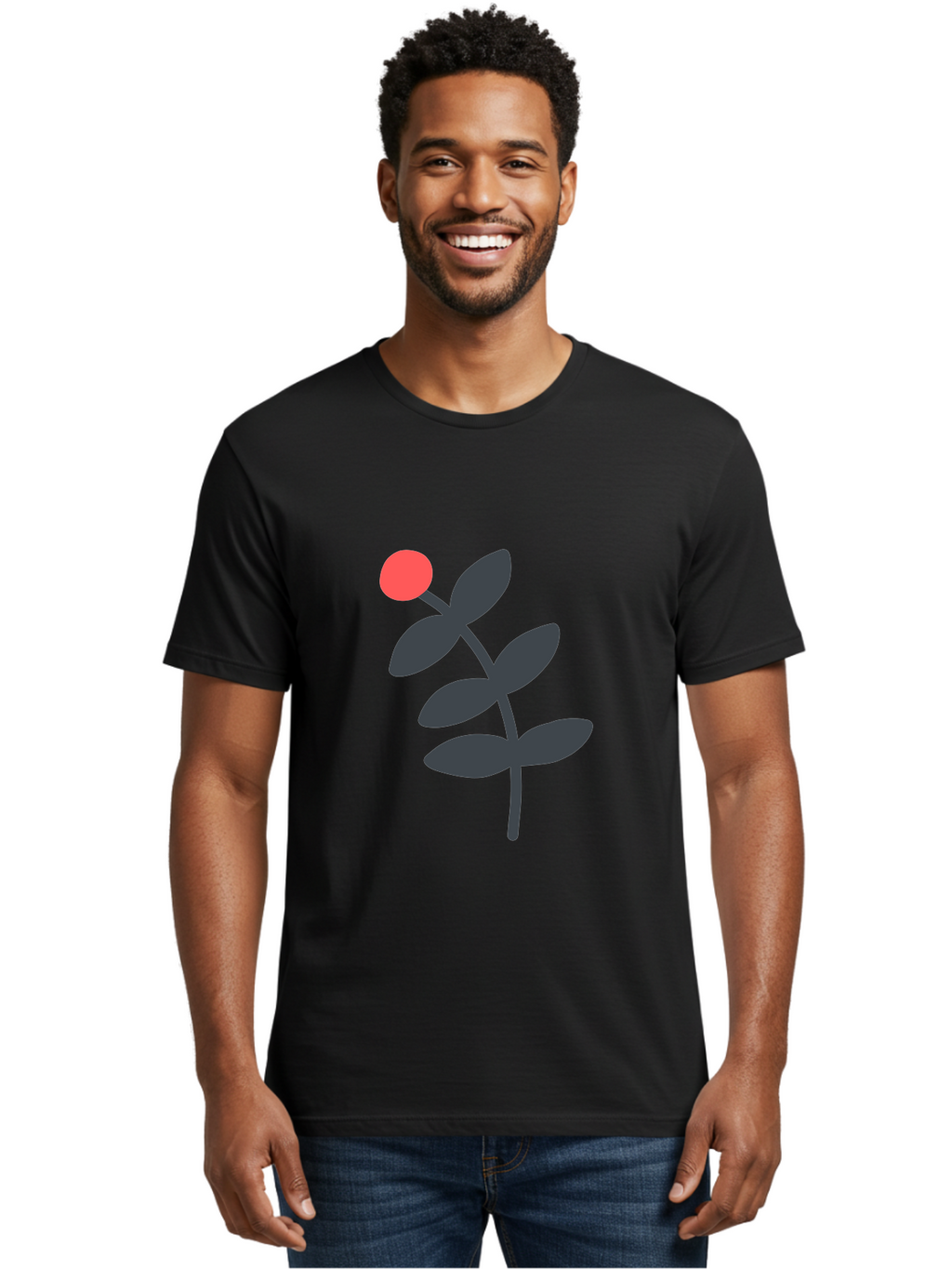 Dark-Purple-Leaves-With-Red-Berry Men'S Graphic Tee, 100% Cotton, Comfortable Casual Summer Wear, Machine Washable, Red Berry, Dark Leaves, Simple Graphic, Minimalist Design, Floral Illustration, Botanical Art, Modern Style, Bold Colors Aab689