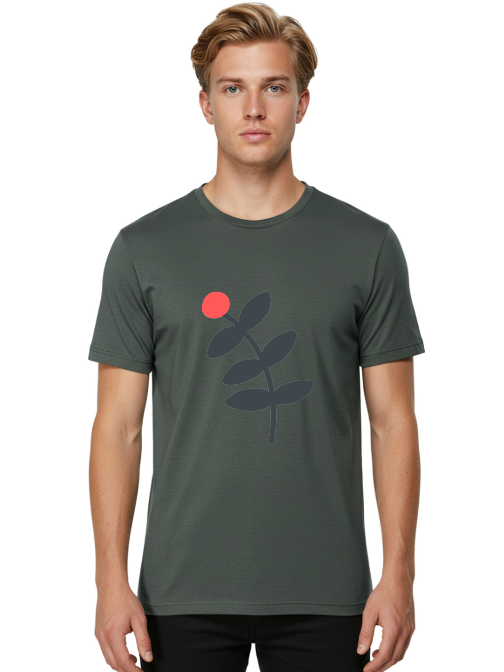 Dark-Purple-Leaves-With-Red-Berry Men'S Graphic Tee, 100% Cotton, Comfortable Casual Summer Wear, Machine Washable, Red Berry, Dark Leaves, Simple Graphic, Minimalist Design, Floral Illustration, Botanical Art, Modern Style, Bold Colors Aab689