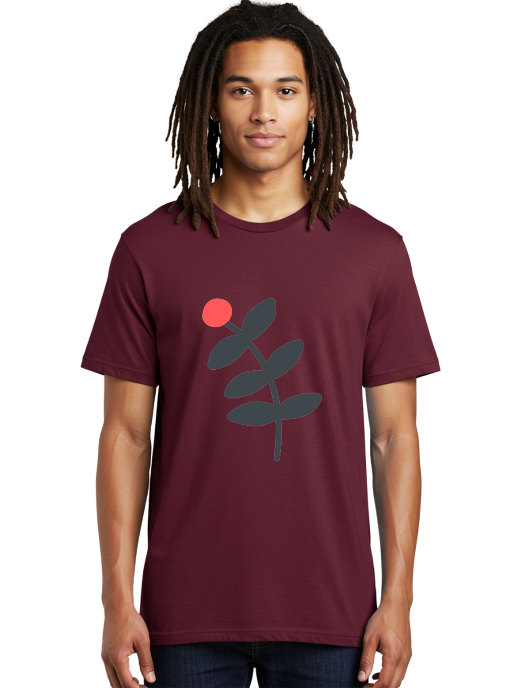 Dark-Purple-Leaves-With-Red-Berry Men'S Graphic Tee, 100% Cotton, Comfortable Casual Summer Wear, Machine Washable, Red Berry, Dark Leaves, Simple Graphic, Minimalist Design, Floral Illustration, Botanical Art, Modern Style, Bold Colors Aab689