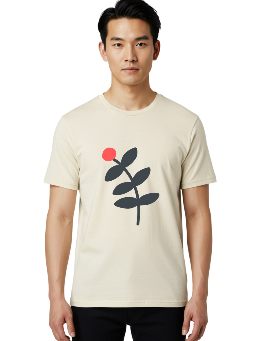 Dark-Purple-Leaves-With-Red-Berry Men'S Graphic Tee, 100% Cotton, Comfortable Casual Summer Wear, Machine Washable, Red Berry, Dark Leaves, Simple Graphic, Minimalist Design, Floral Illustration, Botanical Art, Modern Style, Bold Colors Aab689
