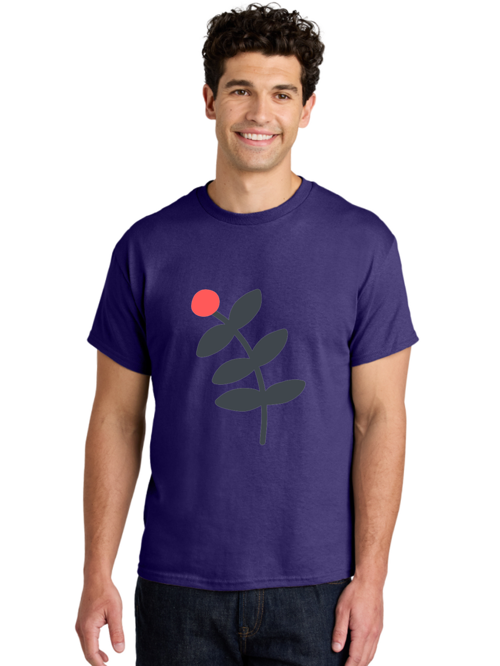 Dark-Purple-Leaves-With-Red-Berry Men'S Graphic Tee, 100% Cotton, Comfortable Casual Summer Wear, Machine Washable, Red Berry, Dark Leaves, Simple Graphic, Minimalist Design, Floral Illustration, Botanical Art, Modern Style, Bold Colors Aab689