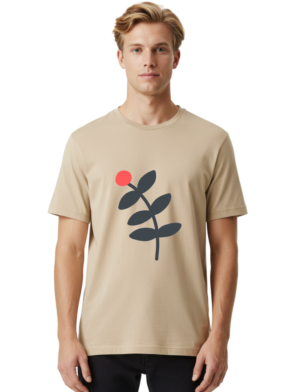 Dark-Purple-Leaves-With-Red-Berry Men'S Graphic Tee, 100% Cotton, Comfortable Casual Summer Wear, Machine Washable, Red Berry, Dark Leaves, Simple Graphic, Minimalist Design, Floral Illustration, Botanical Art, Modern Style, Bold Colors Aab689