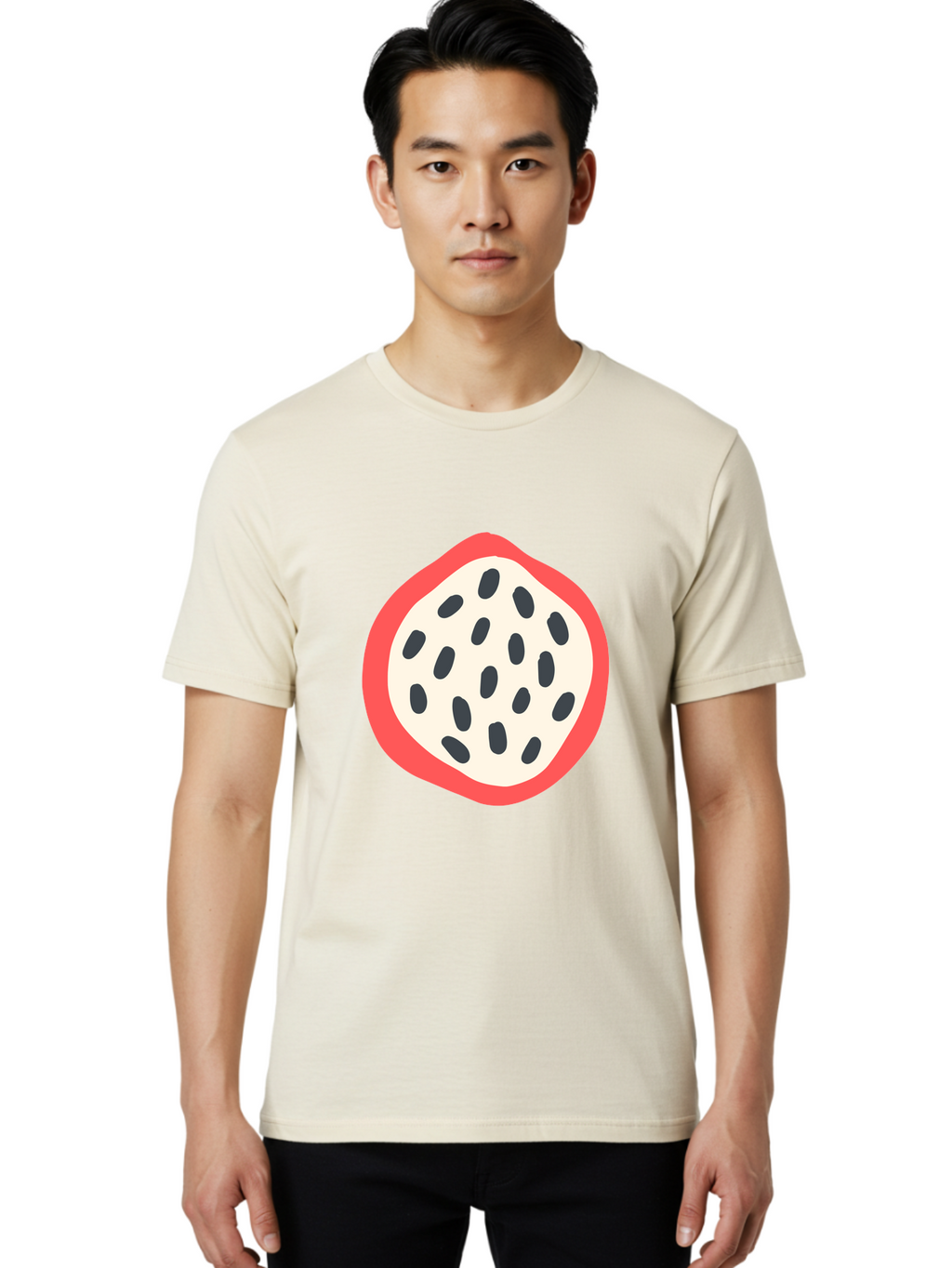 Dragon-Fruit-1 Men'S Graphic Tee, 100% Cotton, Comfortable Casual Summer Wear, Machine Washable, Dragon Fruit, Sliced Fruit, Black Seeds, Red Skin, White Pulp, Exotic Fruit, Tropical Flavors, Vibrant Colors, Healthy Snack, Fruit Illustration Aab692