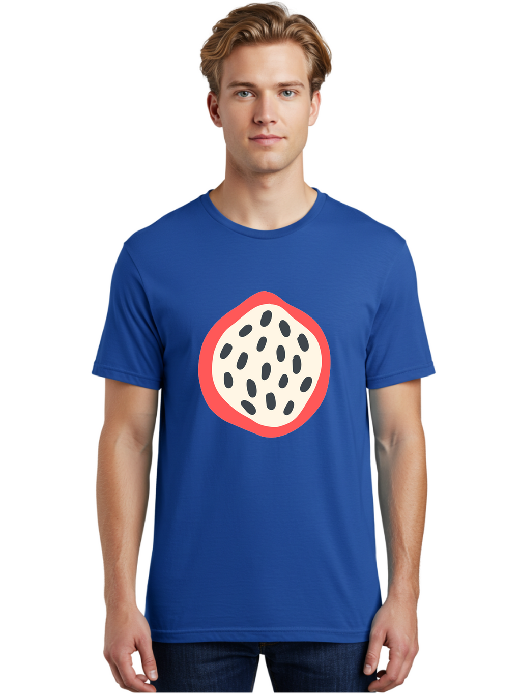 Dragon-Fruit-1 Men'S Graphic Tee, 100% Cotton, Comfortable Casual Summer Wear, Machine Washable, Dragon Fruit, Sliced Fruit, Black Seeds, Red Skin, White Pulp, Exotic Fruit, Tropical Flavors, Vibrant Colors, Healthy Snack, Fruit Illustration Aab692