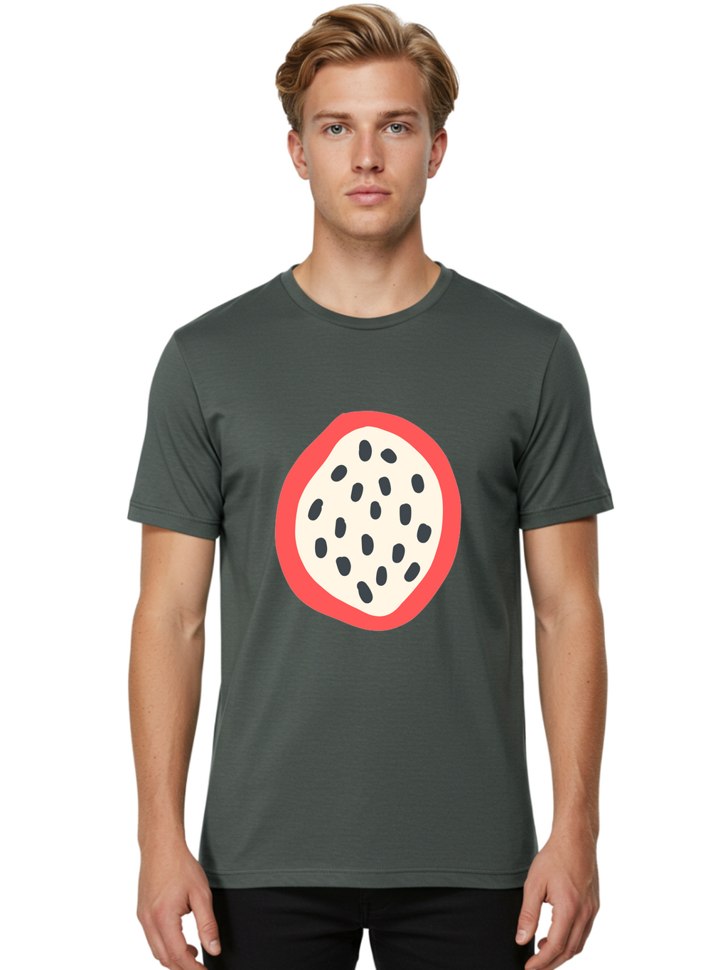 Dragon-Fruit-2 Men'S Graphic Tee, 100% Cotton, Comfortable Casual Summer Wear, Machine Washable, Dragon Fruit Illustration, White And Red Fruit, Black Seeds, Healthy Eating, Exotic Fruit, Tropical Vibes, Digital Art Aab693