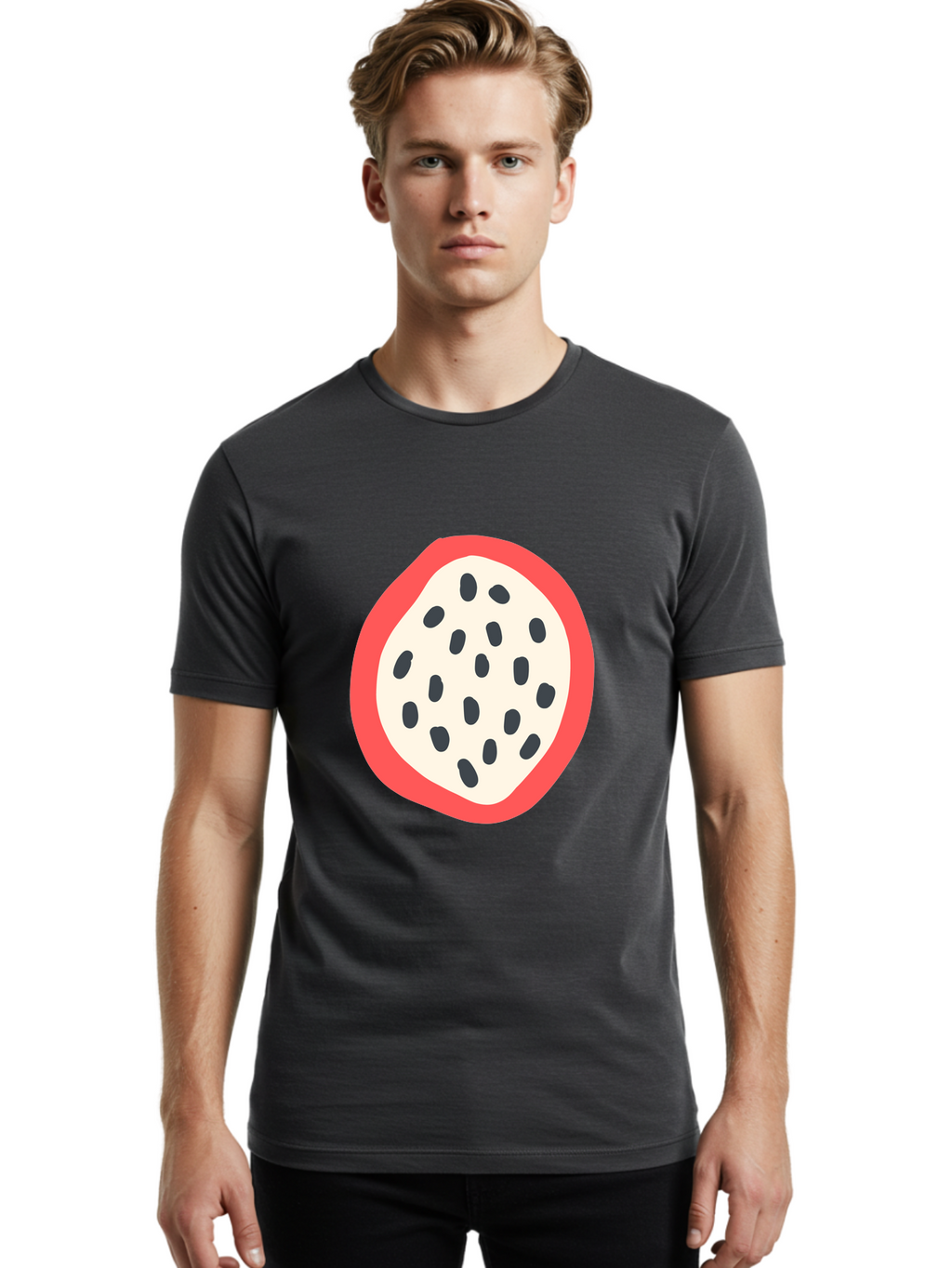 Dragon-Fruit-2 Men'S Graphic Tee, 100% Cotton, Comfortable Casual Summer Wear, Machine Washable, Dragon Fruit Illustration, White And Red Fruit, Black Seeds, Healthy Eating, Exotic Fruit, Tropical Vibes, Digital Art Aab693