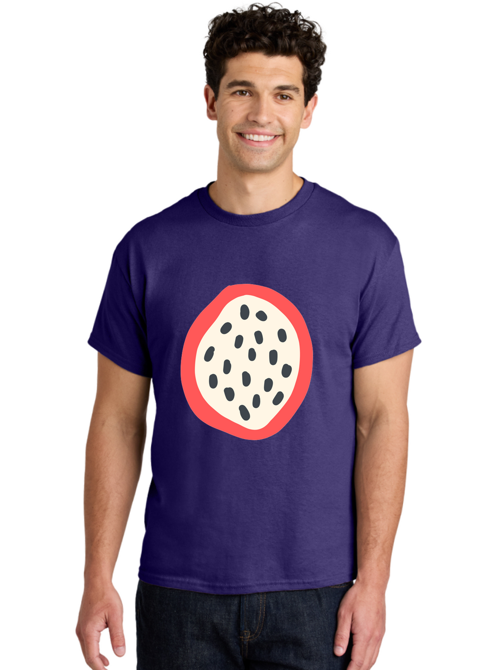 Dragon-Fruit-2 Men'S Graphic Tee, 100% Cotton, Comfortable Casual Summer Wear, Machine Washable, Dragon Fruit Illustration, White And Red Fruit, Black Seeds, Healthy Eating, Exotic Fruit, Tropical Vibes, Digital Art Aab693