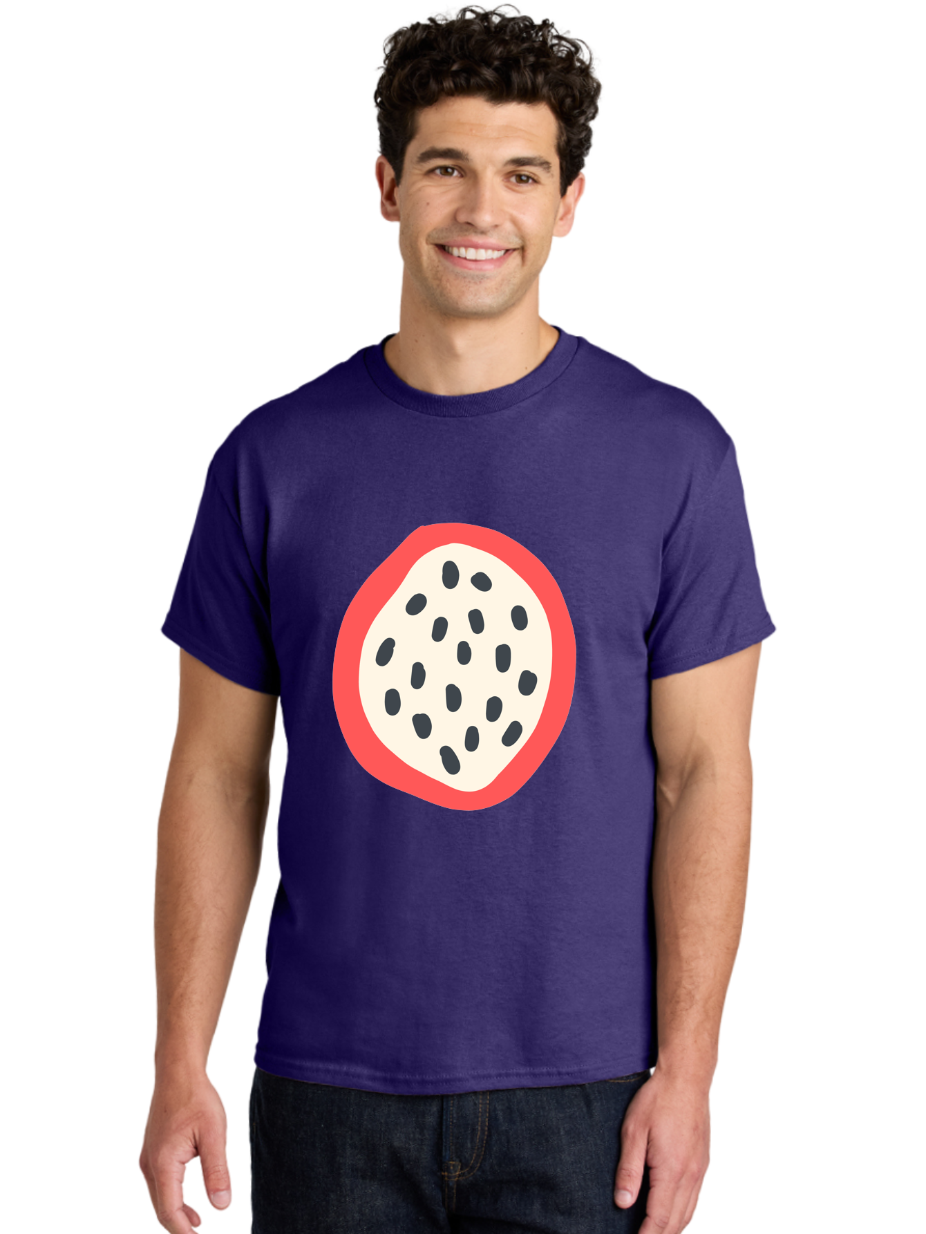Dragon-Fruit-2 Men'S Graphic Tee, 100% Cotton, Comfortable Casual Summer Wear, Machine Washable, Dragon Fruit Illustration, White And Red Fruit, Black Seeds, Healthy Eating, Exotic Fruit, Tropical Vibes, Digital Art Aab693