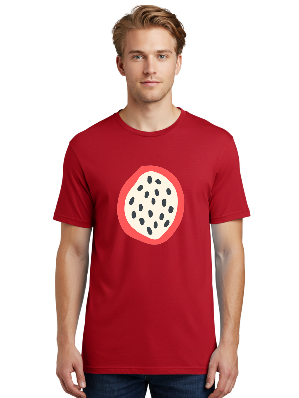 Dragon-Fruit-2 Men'S Graphic Tee, 100% Cotton, Comfortable Casual Summer Wear, Machine Washable, Dragon Fruit Illustration, White And Red Fruit, Black Seeds, Healthy Eating, Exotic Fruit, Tropical Vibes, Digital Art Aab693