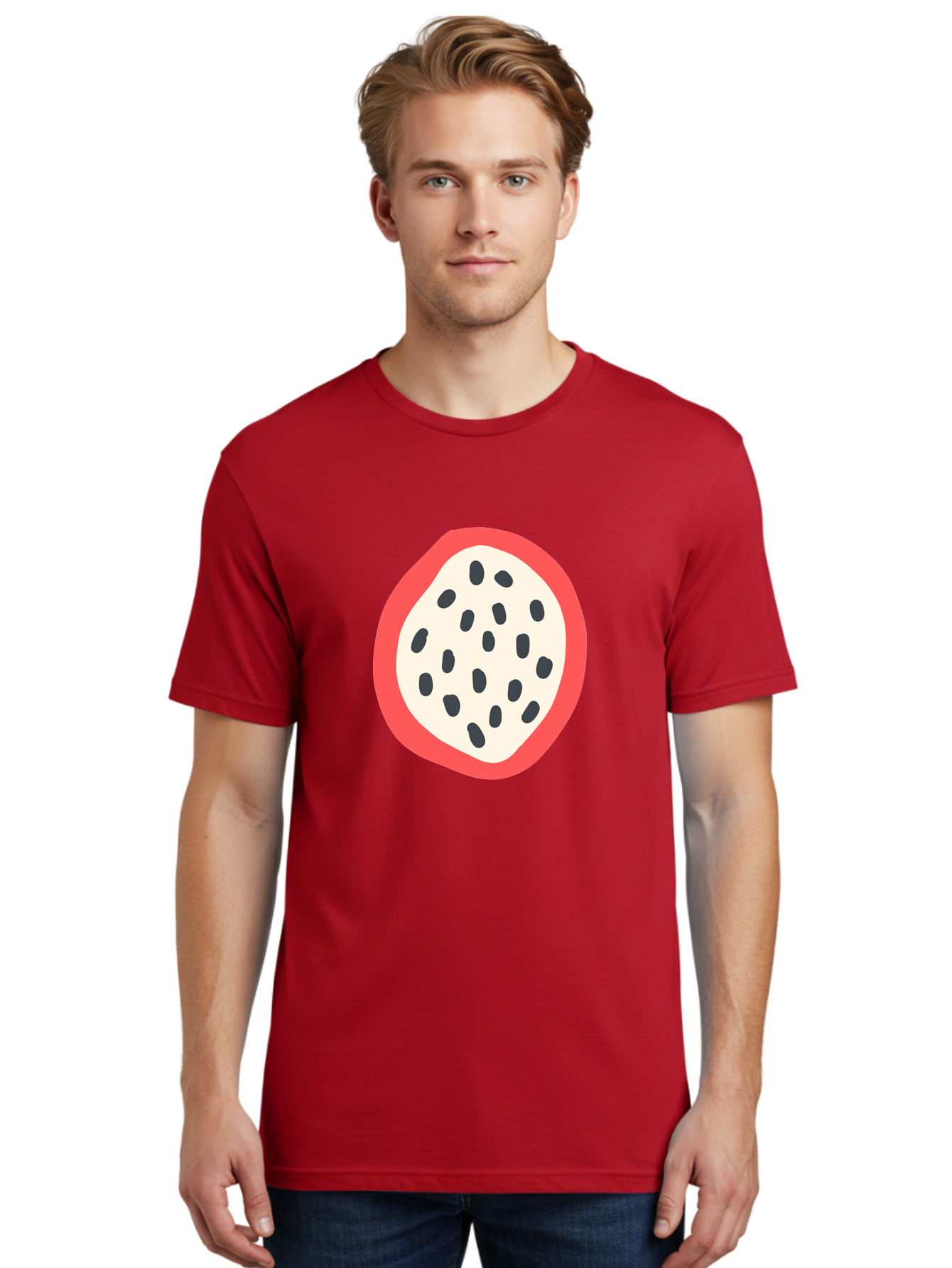 Dragon-Fruit-2 Men'S Graphic Tee, 100% Cotton, Comfortable Casual Summer Wear, Machine Washable, Dragon Fruit Illustration, White And Red Fruit, Black Seeds, Healthy Eating, Exotic Fruit, Tropical Vibes, Digital Art Aab693