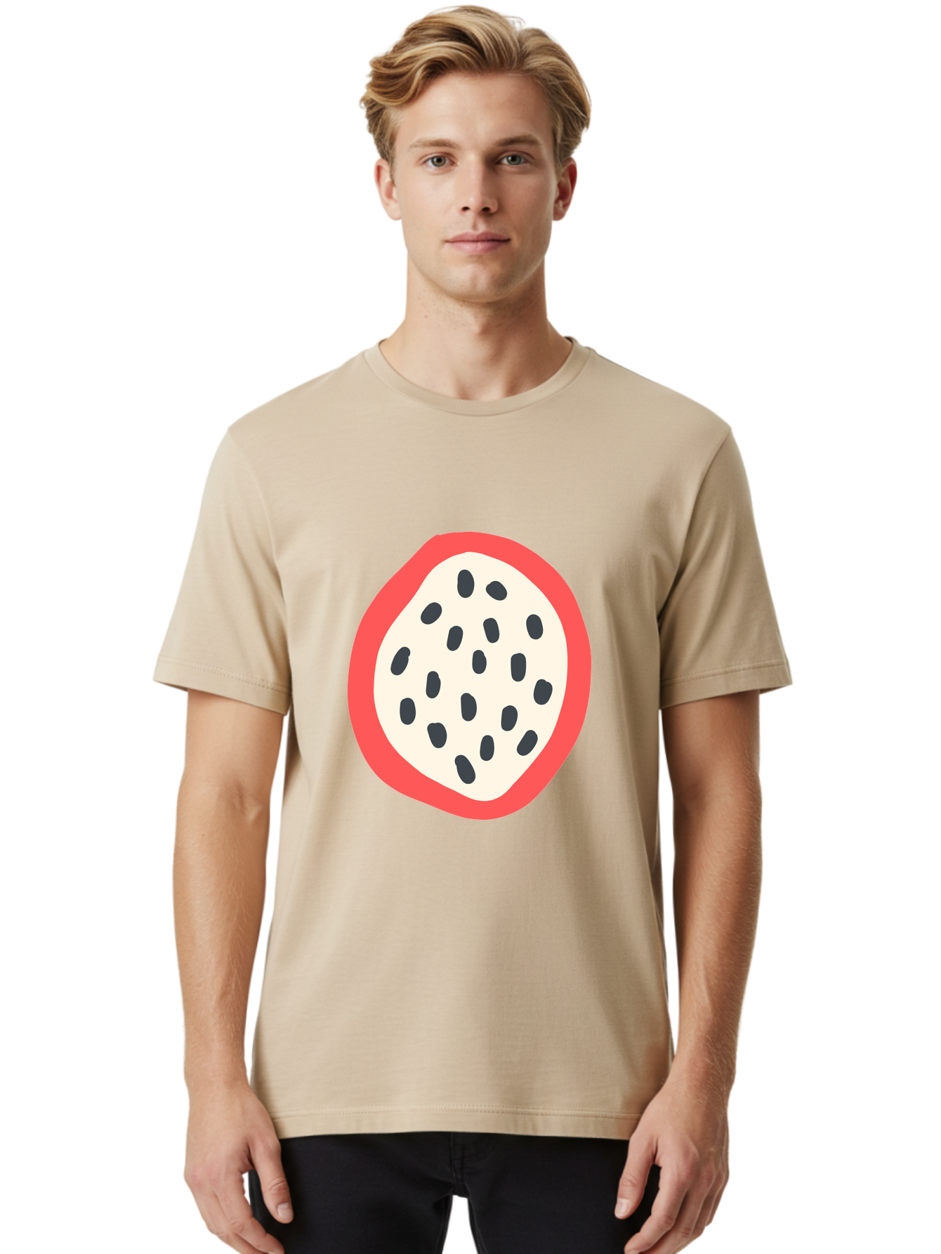 Dragon-Fruit-2 Men'S Graphic Tee, 100% Cotton, Comfortable Casual Summer Wear, Machine Washable, Dragon Fruit Illustration, White And Red Fruit, Black Seeds, Healthy Eating, Exotic Fruit, Tropical Vibes, Digital Art Aab693