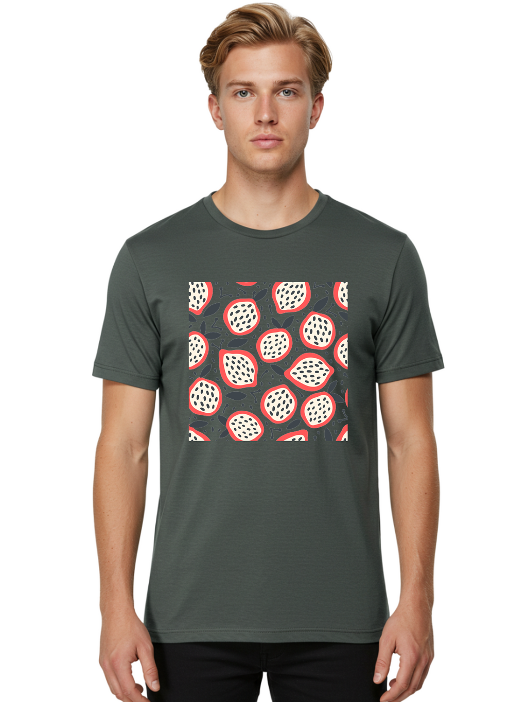 Dragon-Fruit-Pattern Men'S Graphic Tee, 100% Cotton, Comfortable Casual Summer Wear, Machine Washable, Dragon Fruit, Exotic Fruit, Tropical Pattern, Sliced Fruit, Black Seeds, Leaves, Pink Skin, White Flesh, Fruit Design, Seamless Pattern, Aab694