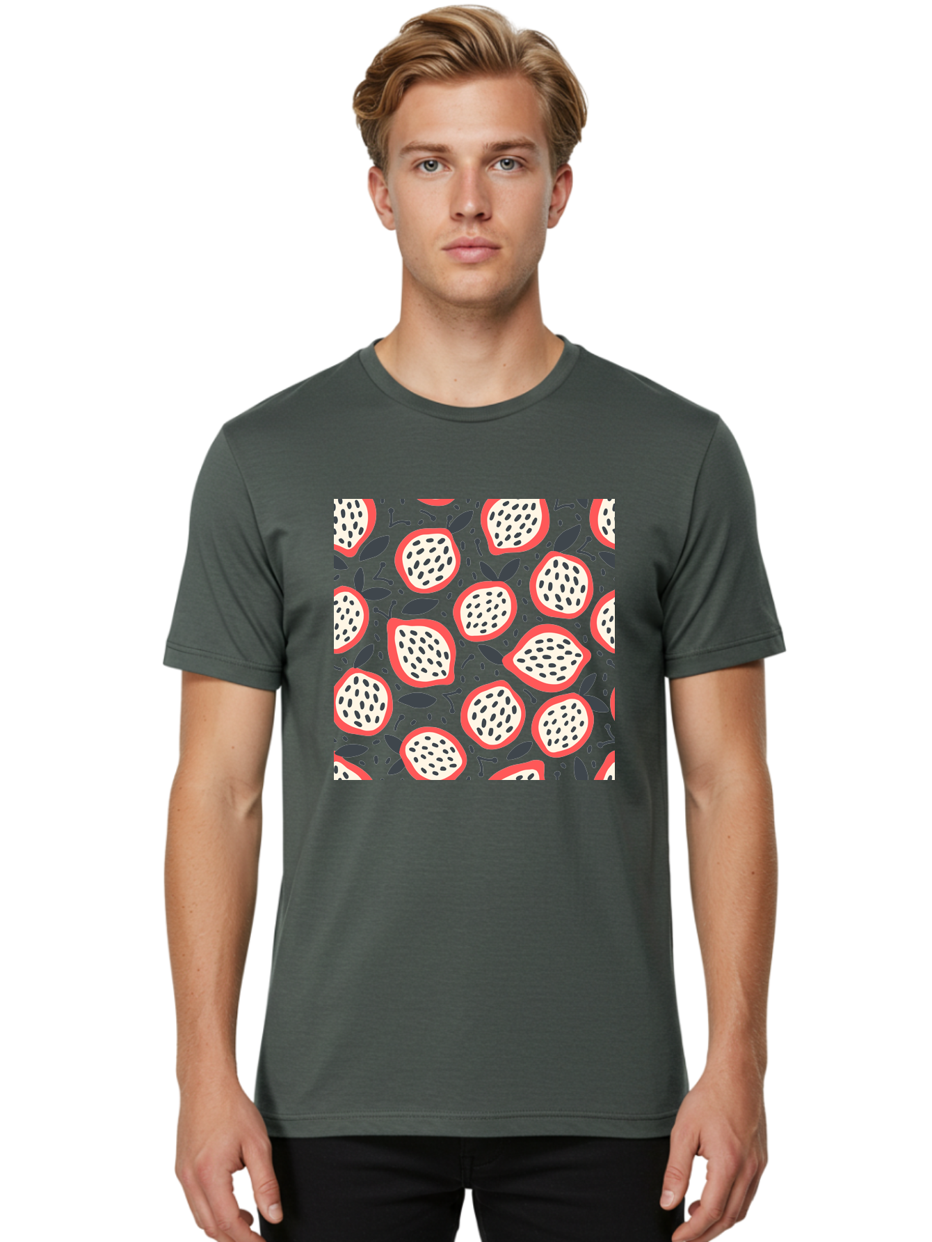 Dragon-Fruit-Pattern Men'S Graphic Tee, 100% Cotton, Comfortable Casual Summer Wear, Machine Washable, Dragon Fruit, Exotic Fruit, Tropical Pattern, Sliced Fruit, Black Seeds, Leaves, Pink Skin, White Flesh, Fruit Design, Seamless Pattern, Aab694