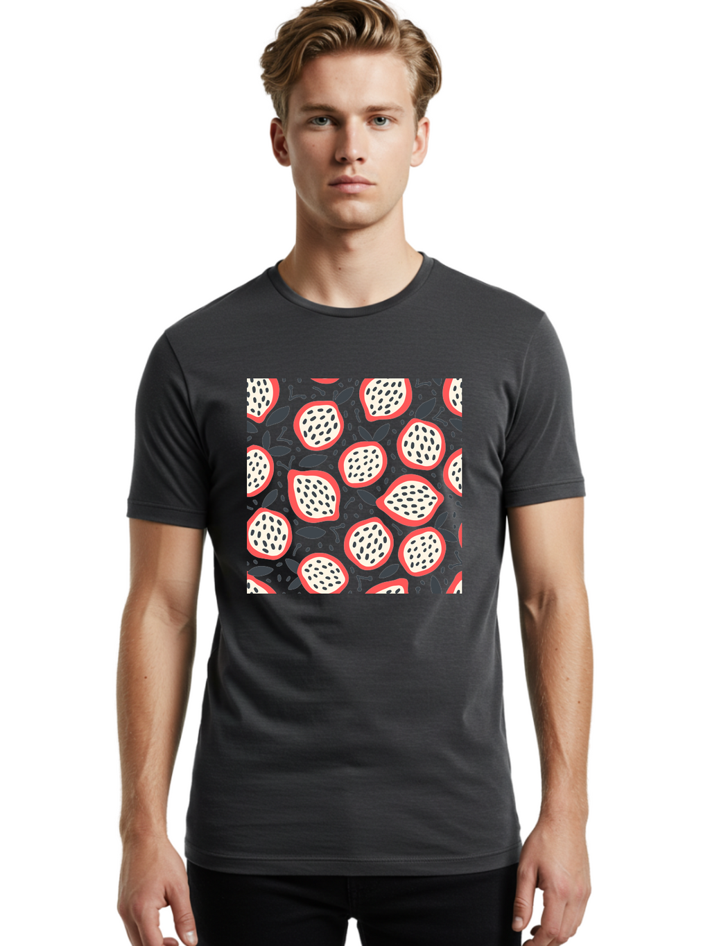Dragon-Fruit-Pattern Men'S Graphic Tee, 100% Cotton, Comfortable Casual Summer Wear, Machine Washable, Dragon Fruit, Exotic Fruit, Tropical Pattern, Sliced Fruit, Black Seeds, Leaves, Pink Skin, White Flesh, Fruit Design, Seamless Pattern, Aab694