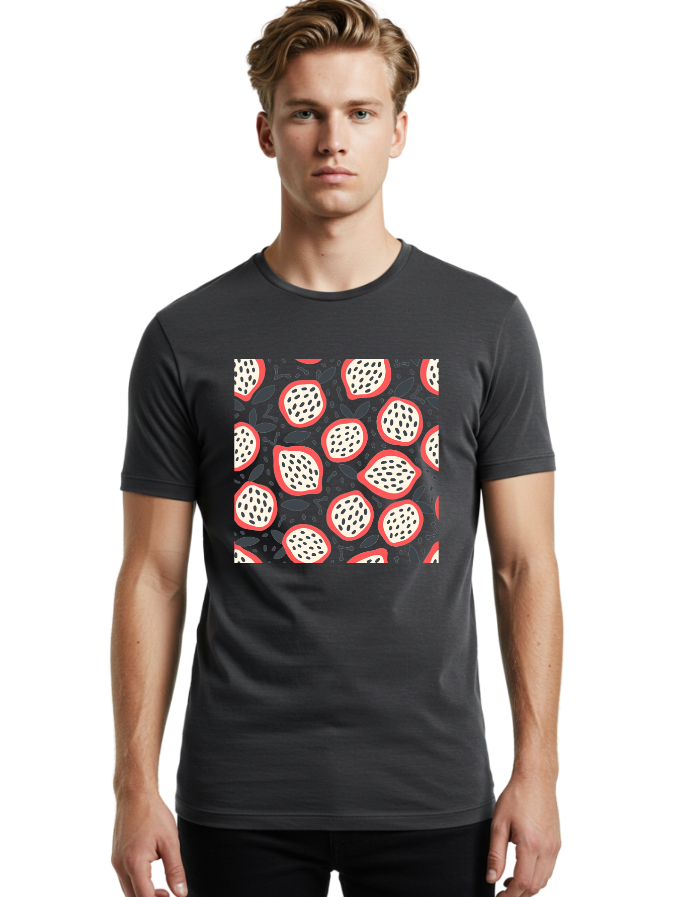 Dragon-Fruit-Pattern Men'S Graphic Tee, 100% Cotton, Comfortable Casual Summer Wear, Machine Washable, Dragon Fruit, Exotic Fruit, Tropical Pattern, Sliced Fruit, Black Seeds, Leaves, Pink Skin, White Flesh, Fruit Design, Seamless Pattern, Aab694