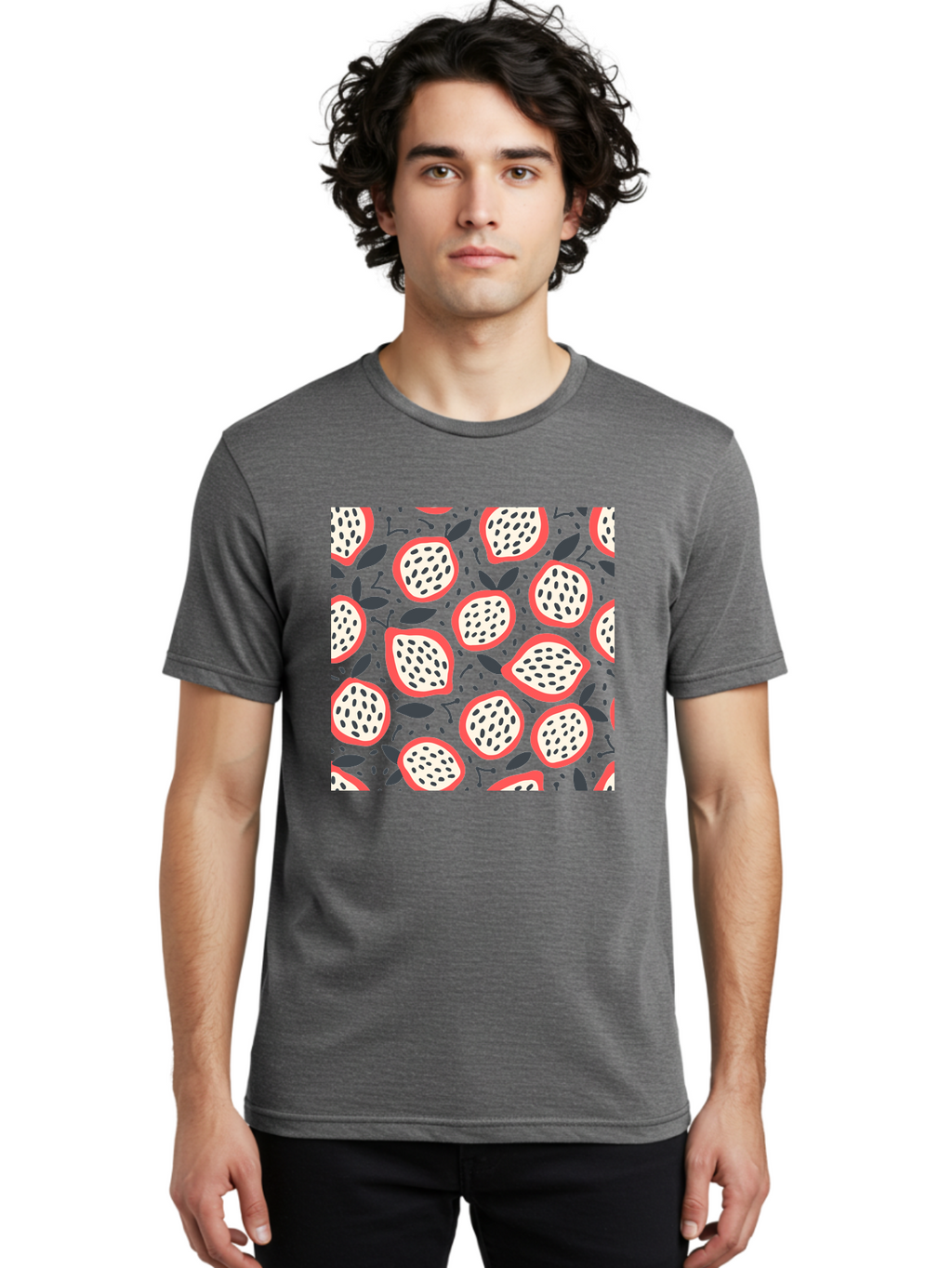 Dragon-Fruit-Pattern Men'S Graphic Tee, 100% Cotton, Comfortable Casual Summer Wear, Machine Washable, Dragon Fruit, Exotic Fruit, Tropical Pattern, Sliced Fruit, Black Seeds, Leaves, Pink Skin, White Flesh, Fruit Design, Seamless Pattern, Aab694