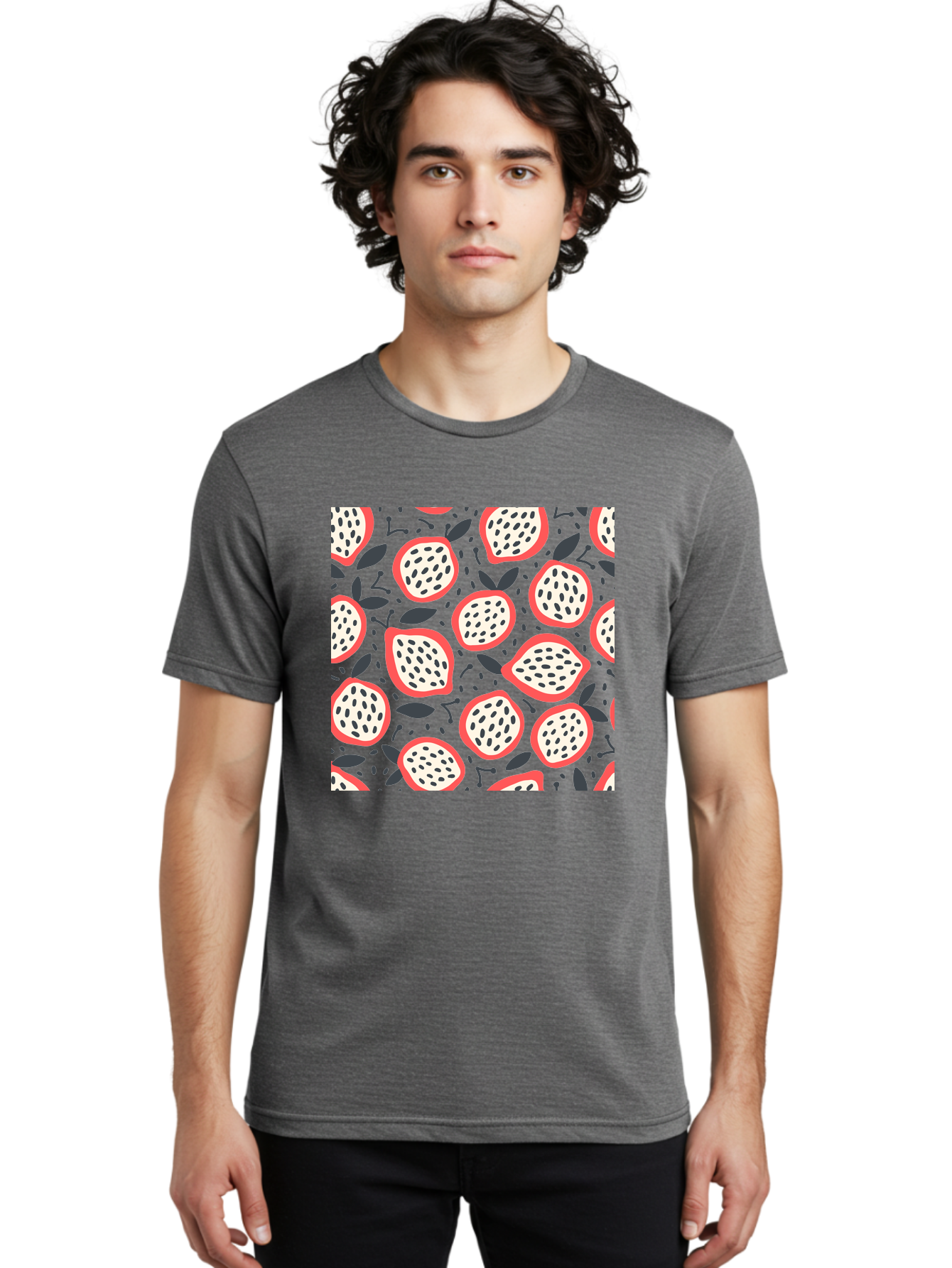 Dragon-Fruit-Pattern Men'S Graphic Tee, 100% Cotton, Comfortable Casual Summer Wear, Machine Washable, Dragon Fruit, Exotic Fruit, Tropical Pattern, Sliced Fruit, Black Seeds, Leaves, Pink Skin, White Flesh, Fruit Design, Seamless Pattern, Aab694