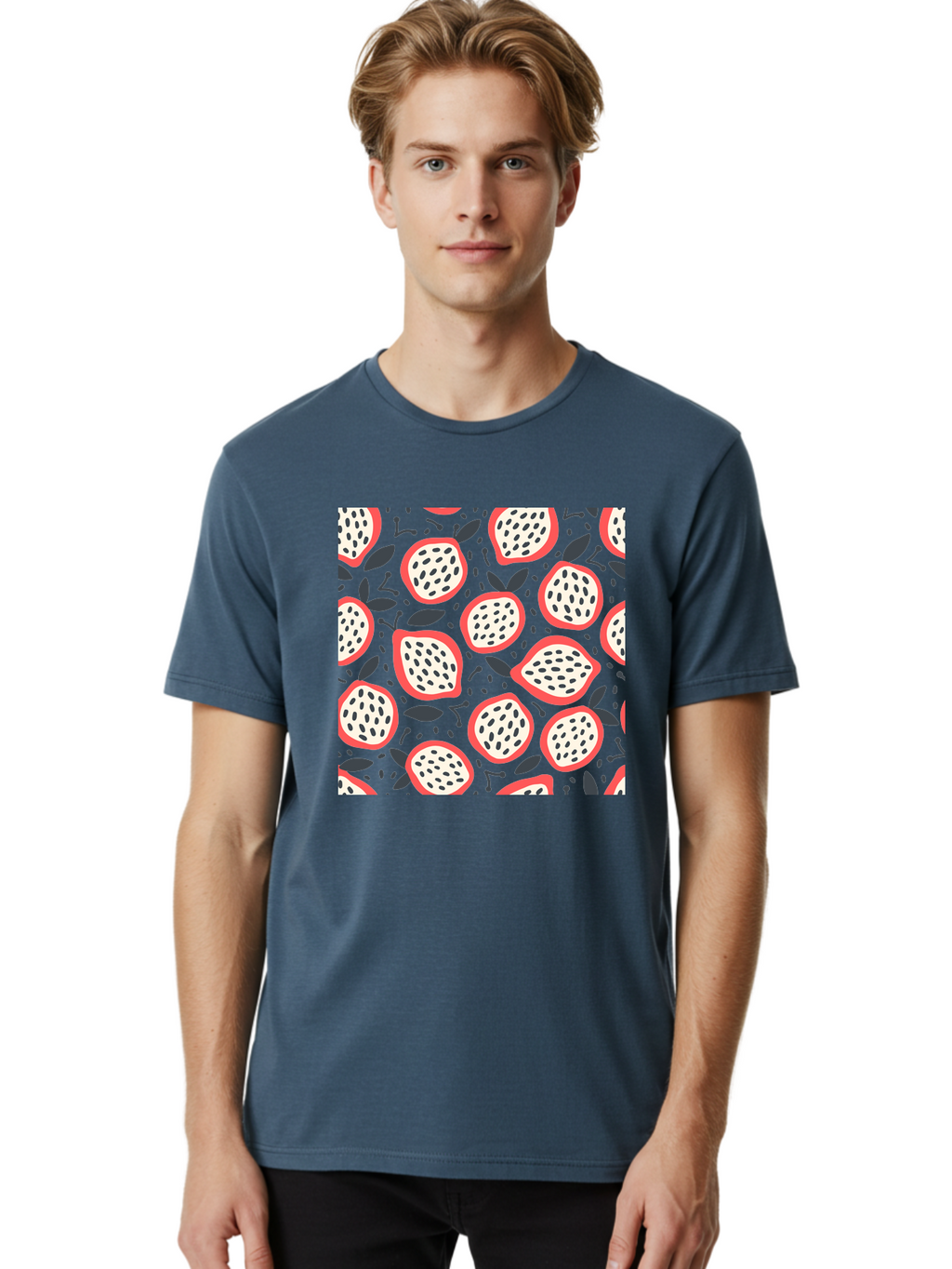 Dragon-Fruit-Pattern Men'S Graphic Tee, 100% Cotton, Comfortable Casual Summer Wear, Machine Washable, Dragon Fruit, Exotic Fruit, Tropical Pattern, Sliced Fruit, Black Seeds, Leaves, Pink Skin, White Flesh, Fruit Design, Seamless Pattern, Aab694