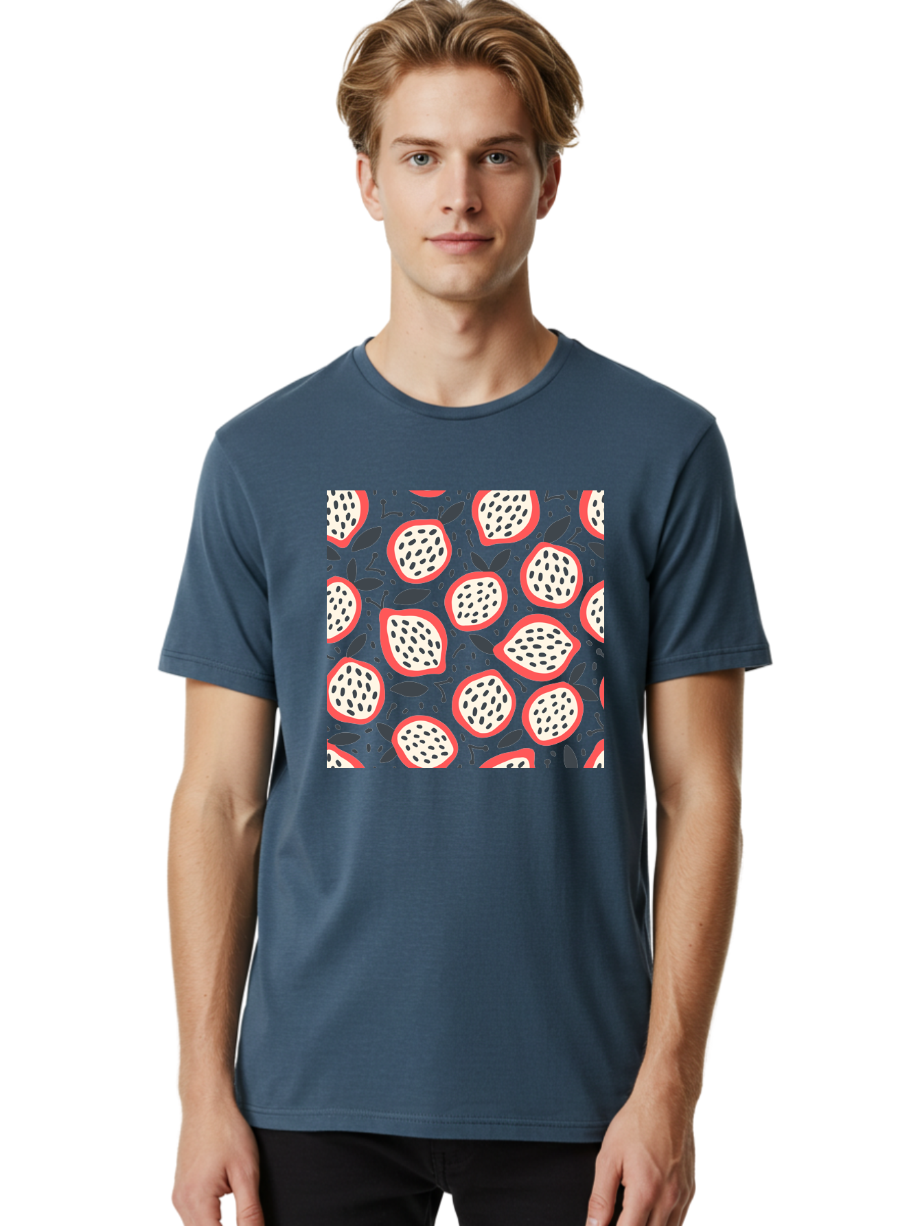 Dragon-Fruit-Pattern Men'S Graphic Tee, 100% Cotton, Comfortable Casual Summer Wear, Machine Washable, Dragon Fruit, Exotic Fruit, Tropical Pattern, Sliced Fruit, Black Seeds, Leaves, Pink Skin, White Flesh, Fruit Design, Seamless Pattern, Aab694