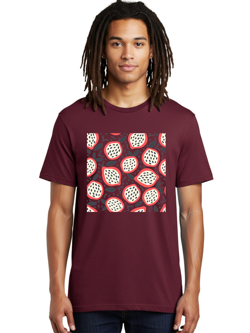Dragon-Fruit-Pattern Men'S Graphic Tee, 100% Cotton, Comfortable Casual Summer Wear, Machine Washable, Dragon Fruit, Exotic Fruit, Tropical Pattern, Sliced Fruit, Black Seeds, Leaves, Pink Skin, White Flesh, Fruit Design, Seamless Pattern, Aab694