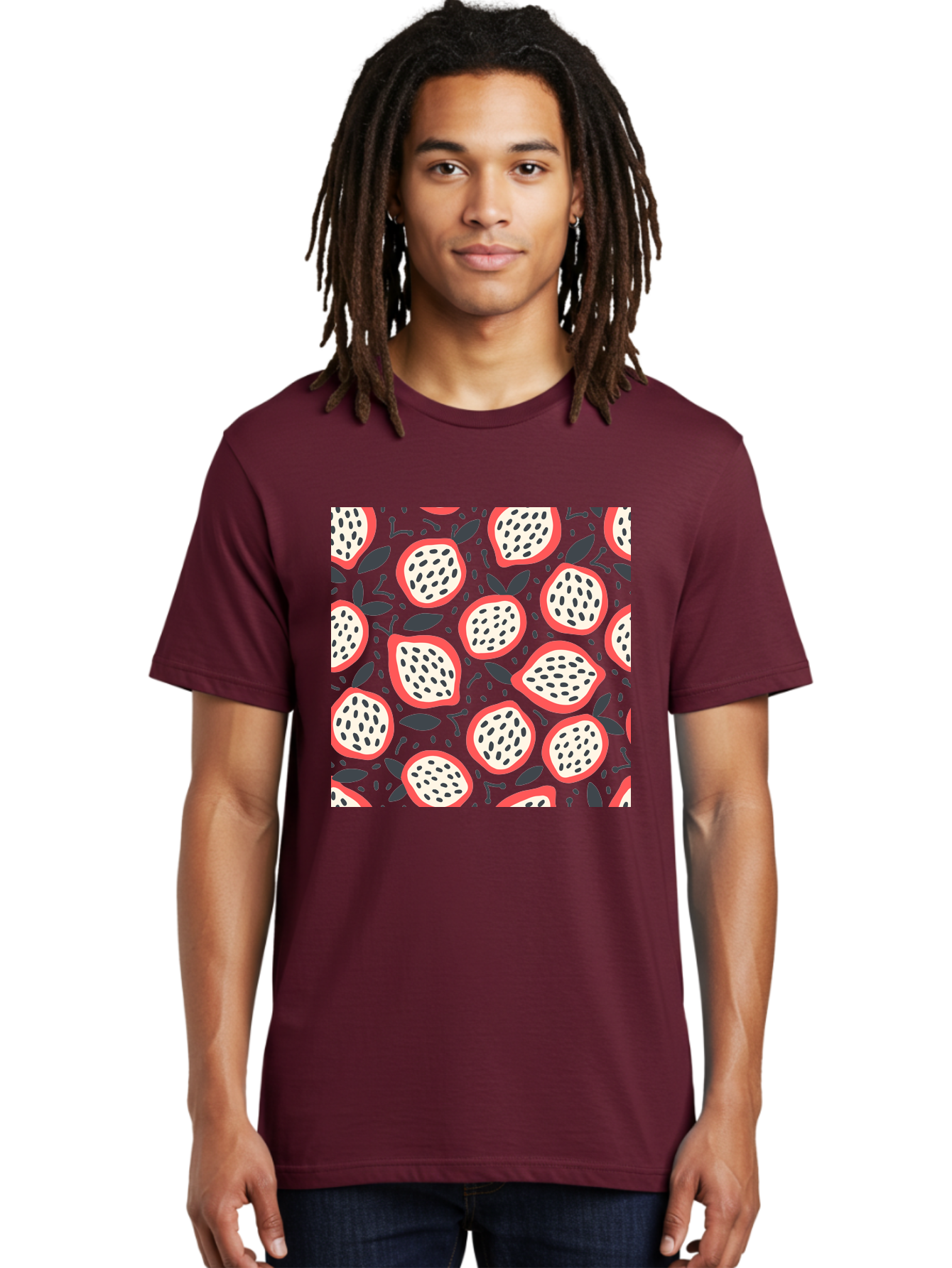 Dragon-Fruit-Pattern Men'S Graphic Tee, 100% Cotton, Comfortable Casual Summer Wear, Machine Washable, Dragon Fruit, Exotic Fruit, Tropical Pattern, Sliced Fruit, Black Seeds, Leaves, Pink Skin, White Flesh, Fruit Design, Seamless Pattern, Aab694