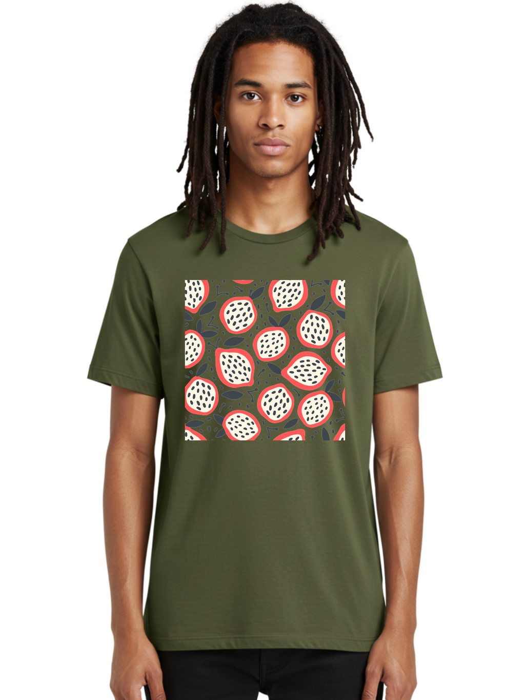 Dragon-Fruit-Pattern Men'S Graphic Tee, 100% Cotton, Comfortable Casual Summer Wear, Machine Washable, Dragon Fruit, Exotic Fruit, Tropical Pattern, Sliced Fruit, Black Seeds, Leaves, Pink Skin, White Flesh, Fruit Design, Seamless Pattern, Aab694