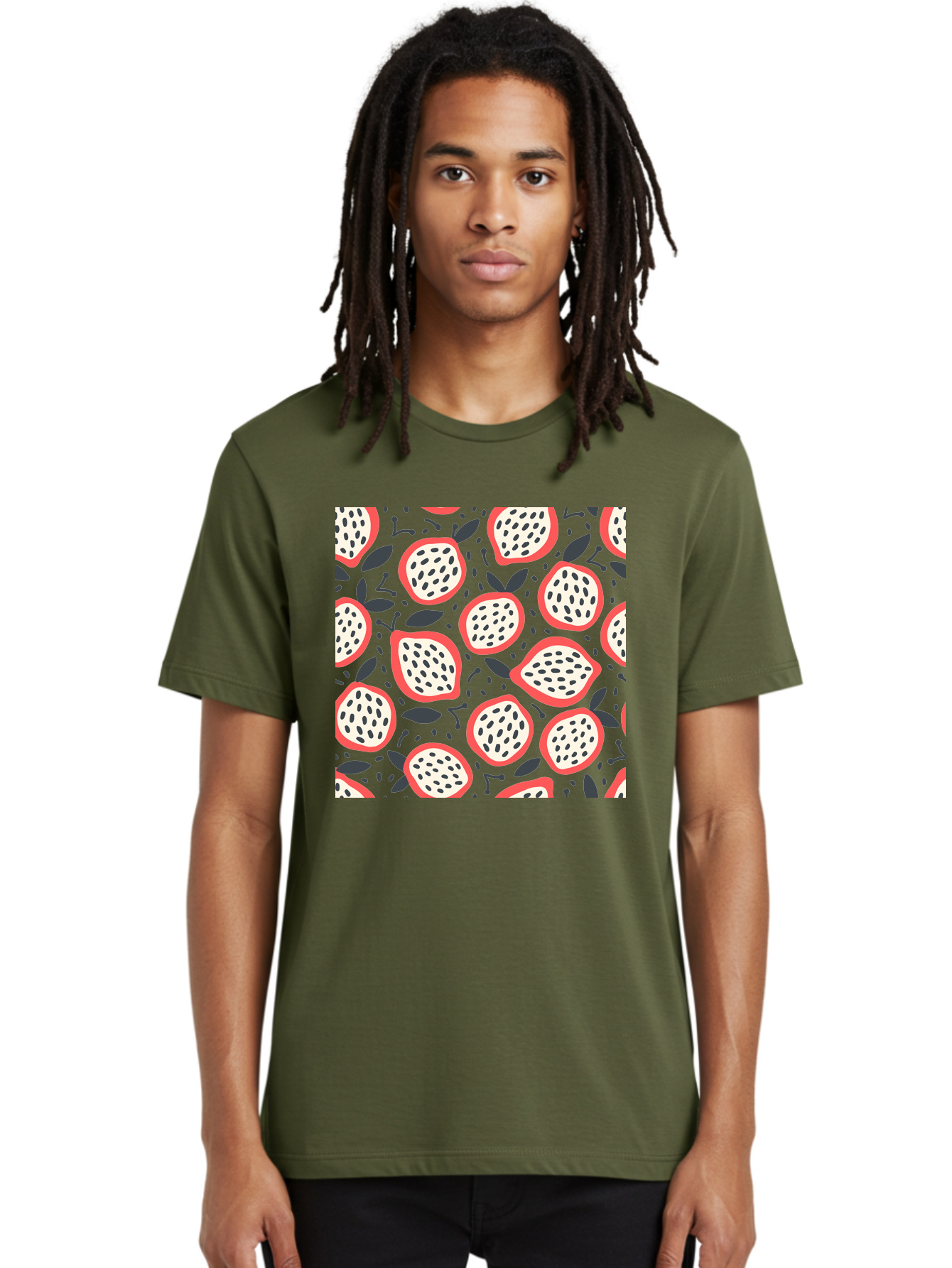 Dragon-Fruit-Pattern Men'S Graphic Tee, 100% Cotton, Comfortable Casual Summer Wear, Machine Washable, Dragon Fruit, Exotic Fruit, Tropical Pattern, Sliced Fruit, Black Seeds, Leaves, Pink Skin, White Flesh, Fruit Design, Seamless Pattern, Aab694