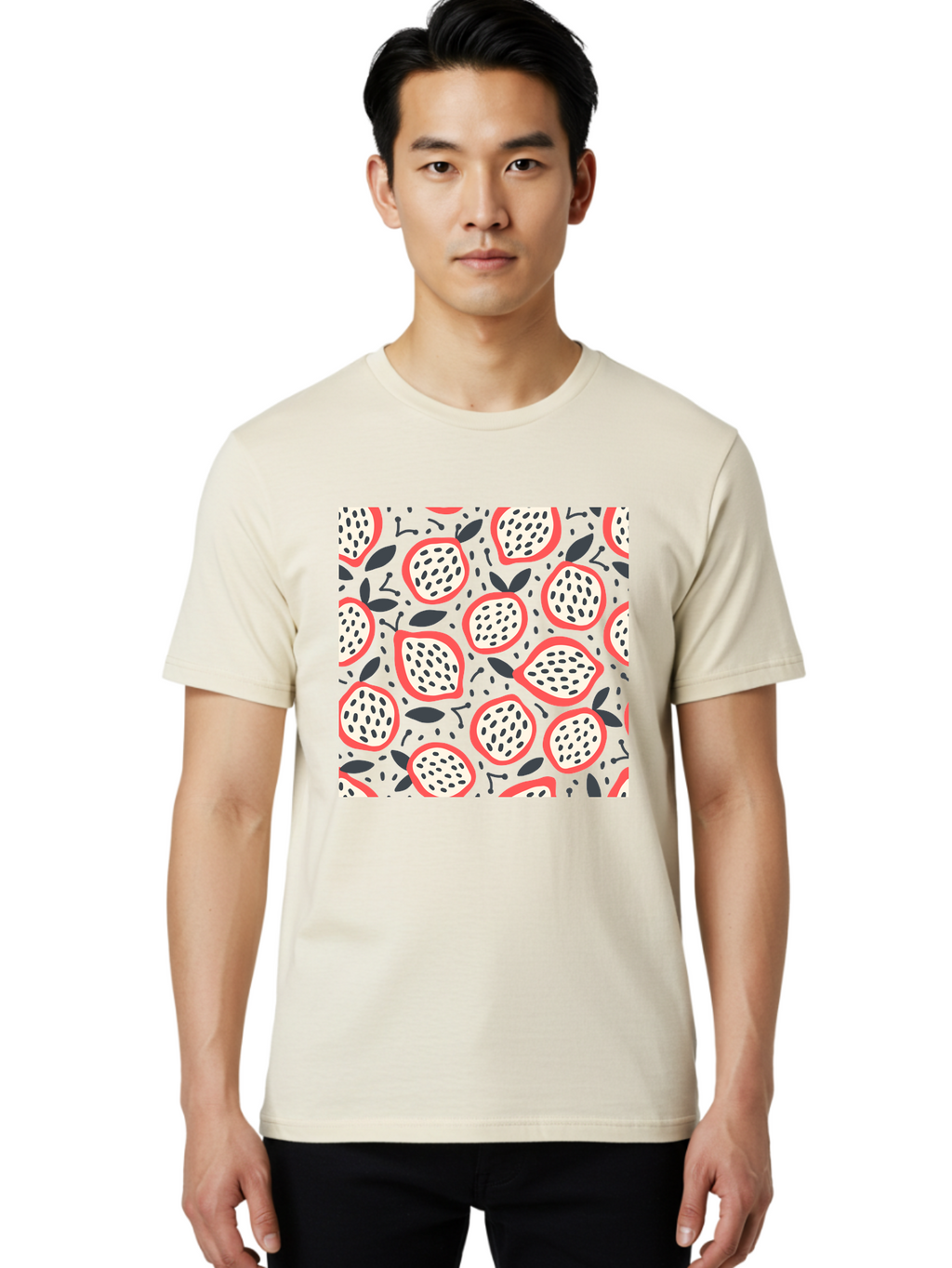 Dragon-Fruit-Pattern Men'S Graphic Tee, 100% Cotton, Comfortable Casual Summer Wear, Machine Washable, Dragon Fruit, Exotic Fruit, Tropical Pattern, Sliced Fruit, Black Seeds, Leaves, Pink Skin, White Flesh, Fruit Design, Seamless Pattern, Aab694