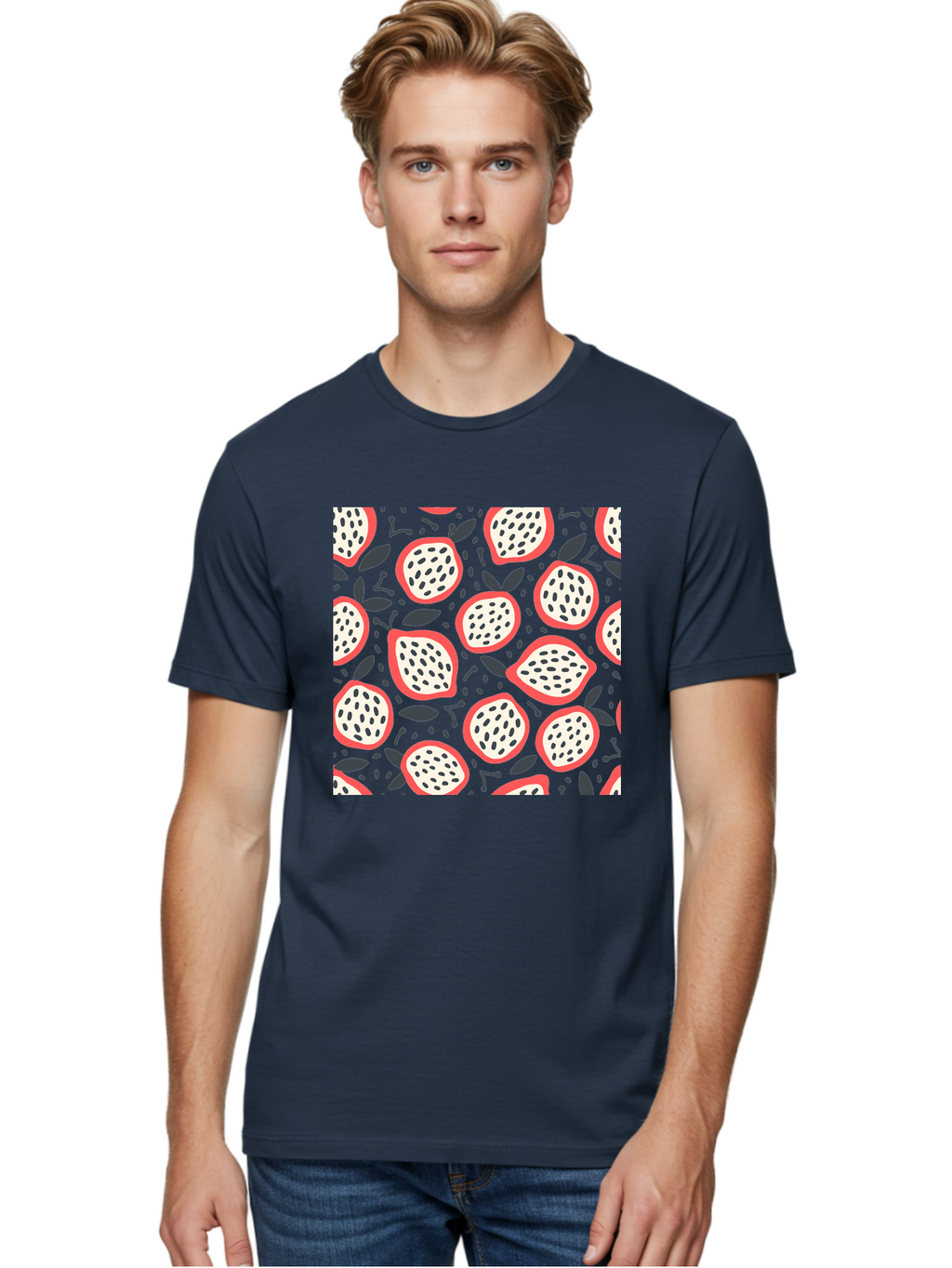 Dragon-Fruit-Pattern Men'S Graphic Tee, 100% Cotton, Comfortable Casual Summer Wear, Machine Washable, Dragon Fruit, Exotic Fruit, Tropical Pattern, Sliced Fruit, Black Seeds, Leaves, Pink Skin, White Flesh, Fruit Design, Seamless Pattern, Aab694