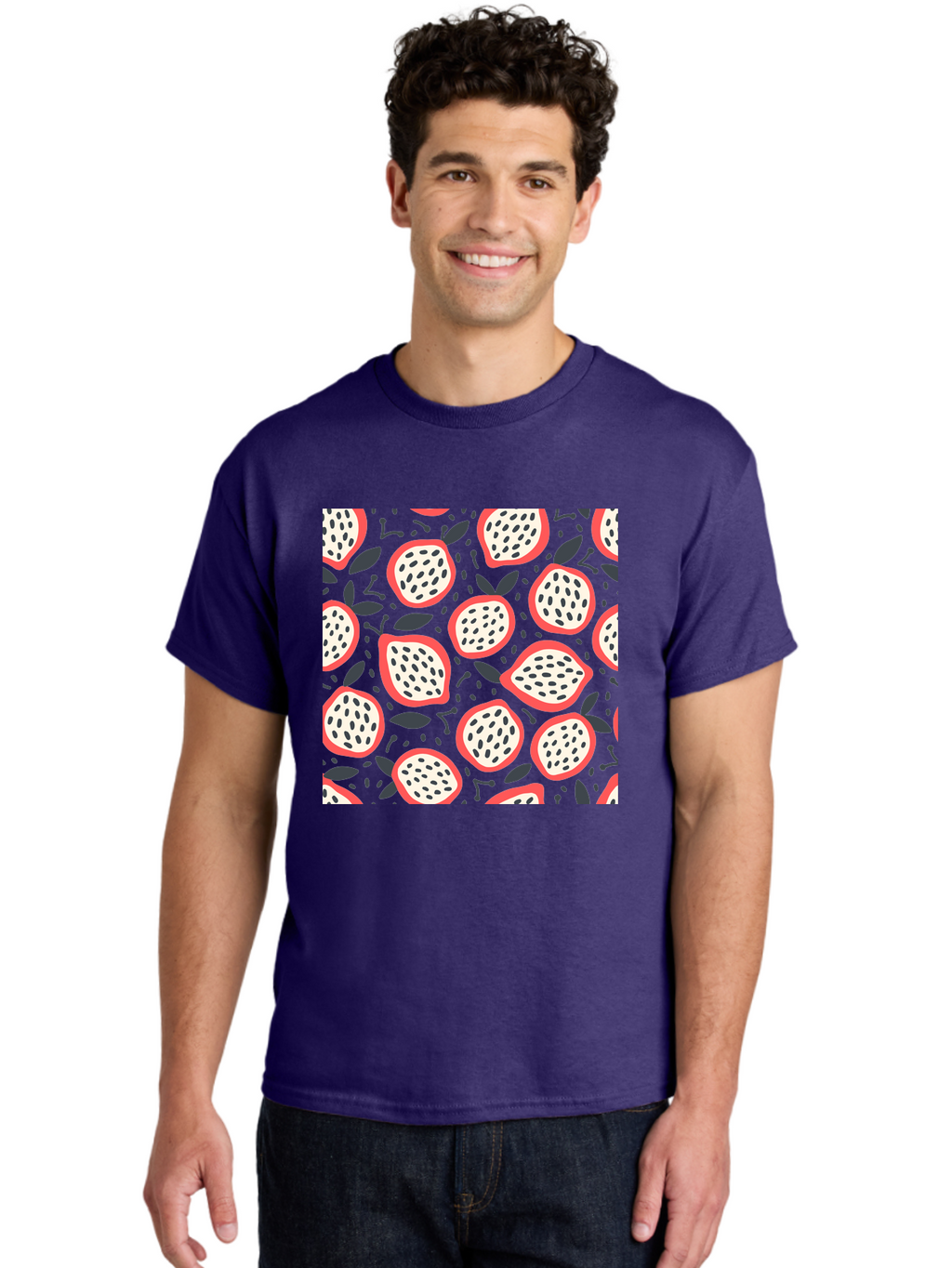Dragon-Fruit-Pattern Men'S Graphic Tee, 100% Cotton, Comfortable Casual Summer Wear, Machine Washable, Dragon Fruit, Exotic Fruit, Tropical Pattern, Sliced Fruit, Black Seeds, Leaves, Pink Skin, White Flesh, Fruit Design, Seamless Pattern, Aab694
