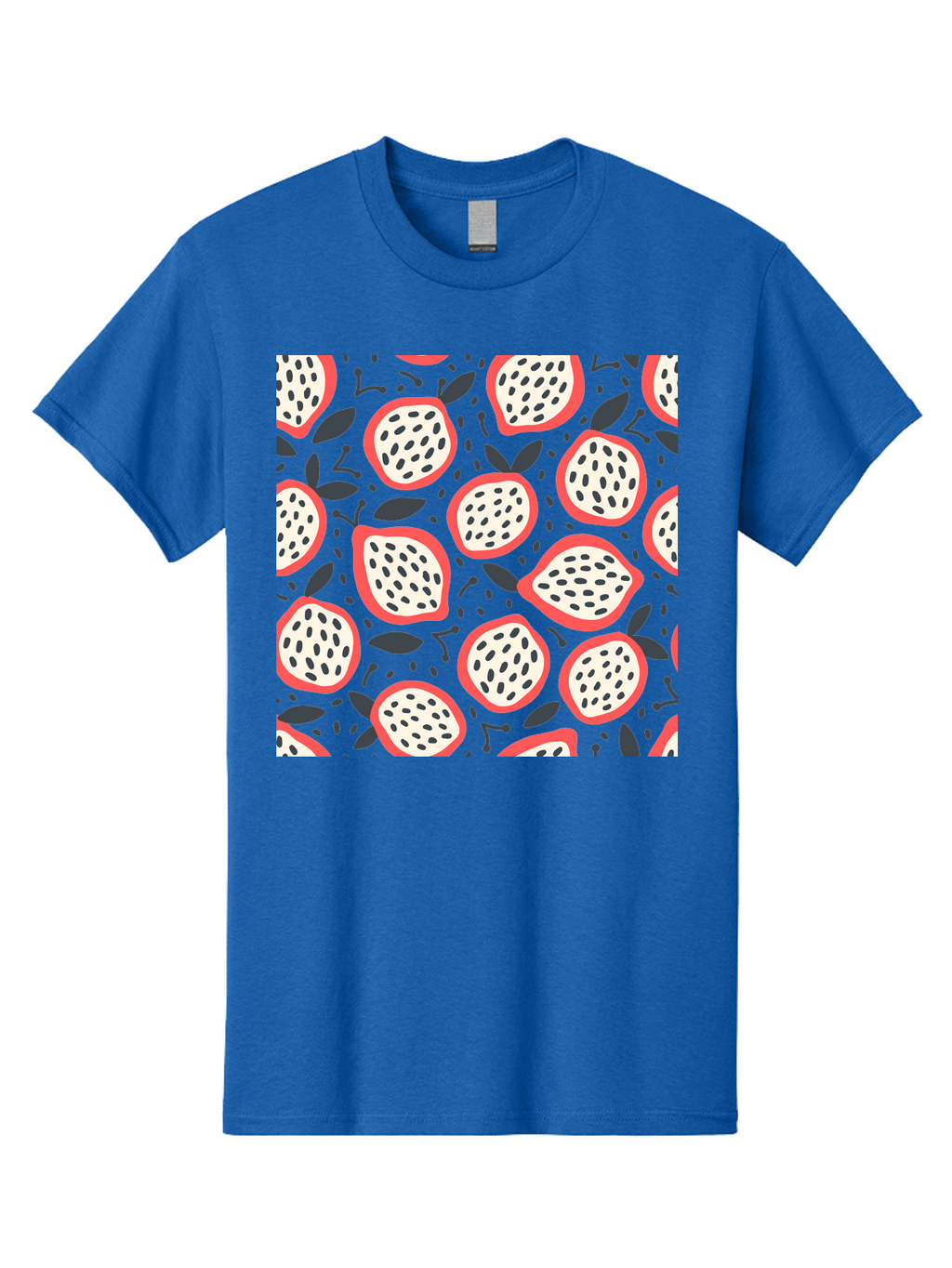 Dragon-Fruit-Pattern Men'S Graphic Tee, 100% Cotton, Comfortable Casual Summer Wear, Machine Washable, Dragon Fruit, Exotic Fruit, Tropical Pattern, Sliced Fruit, Black Seeds, Leaves, Pink Skin, White Flesh, Fruit Design, Seamless Pattern, Aab694