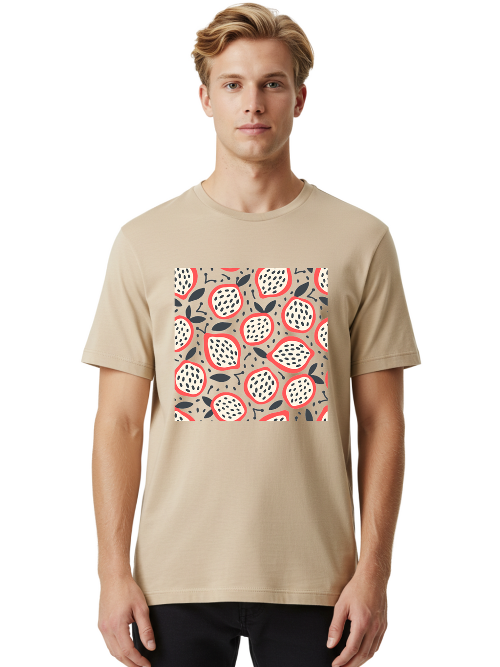 Dragon-Fruit-Pattern Men'S Graphic Tee, 100% Cotton, Comfortable Casual Summer Wear, Machine Washable, Dragon Fruit, Exotic Fruit, Tropical Pattern, Sliced Fruit, Black Seeds, Leaves, Pink Skin, White Flesh, Fruit Design, Seamless Pattern, Aab694